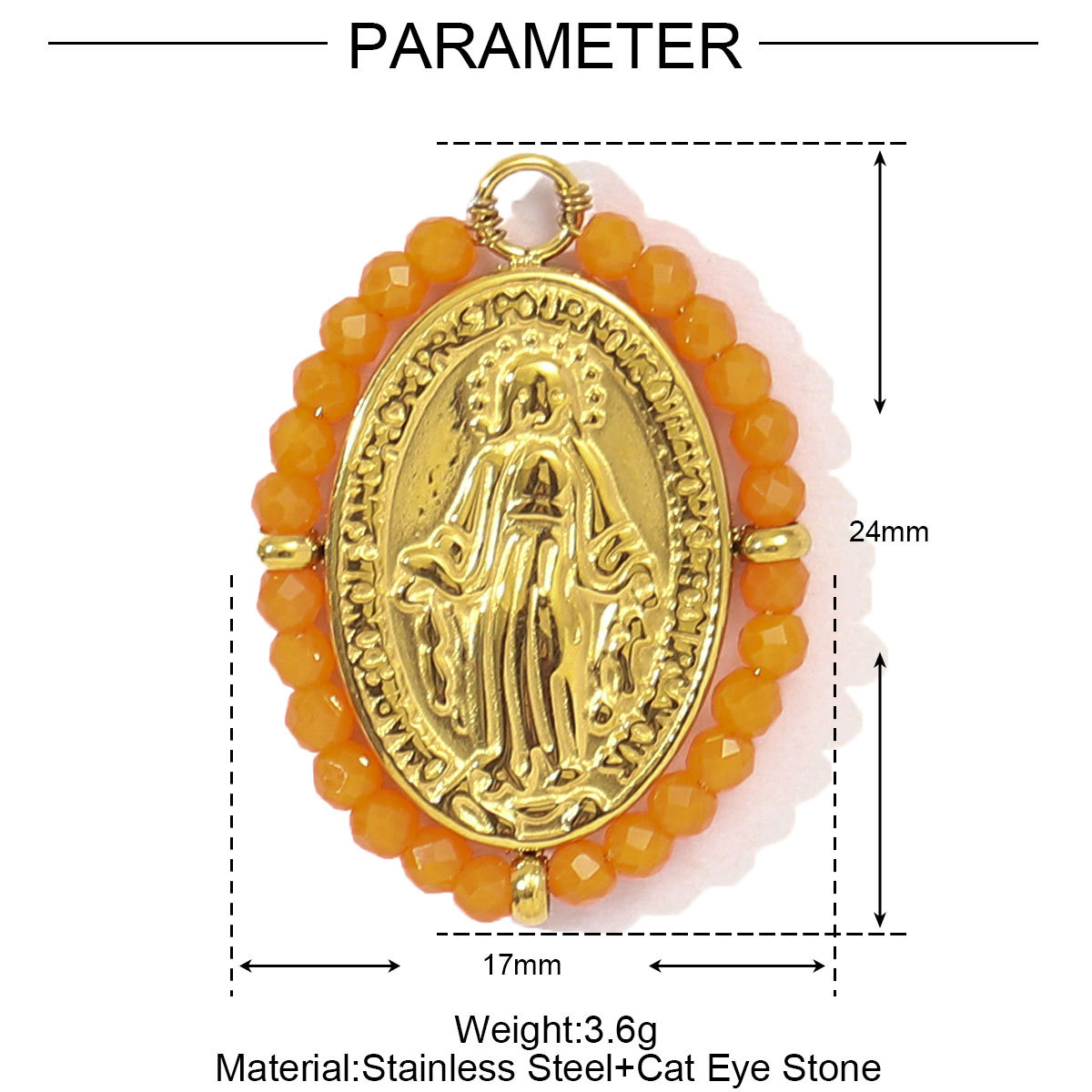 6pcs/pack French Red Agate Stainless Steel Fan-shaped Necklace Pendant Women Virgin Mary Diy Charm Feldspar Natural Stone Jewelry