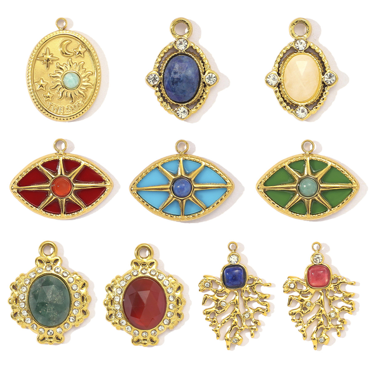 6pcs/pack French African Jade Stainless Steel Star Sun Evil Eye Necklace Pendant Women Coral Diy Charm Natural Stone Jewelry