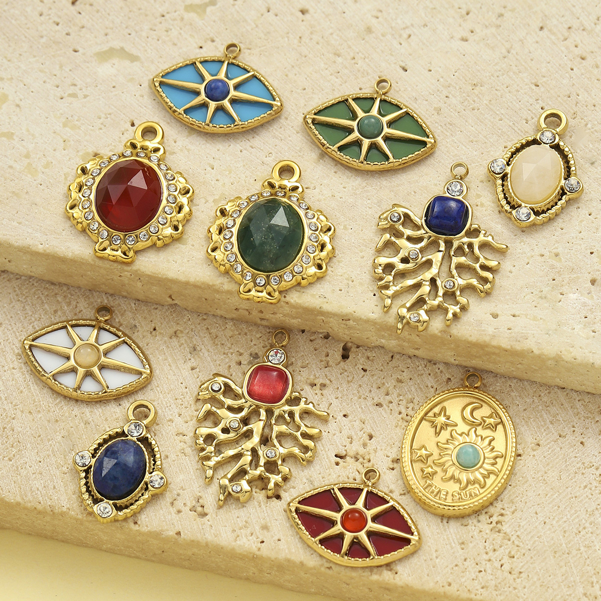 6pcs/pack French African Jade Stainless Steel Star Sun Evil Eye Necklace Pendant Women Coral Diy Charm Natural Stone Jewelry