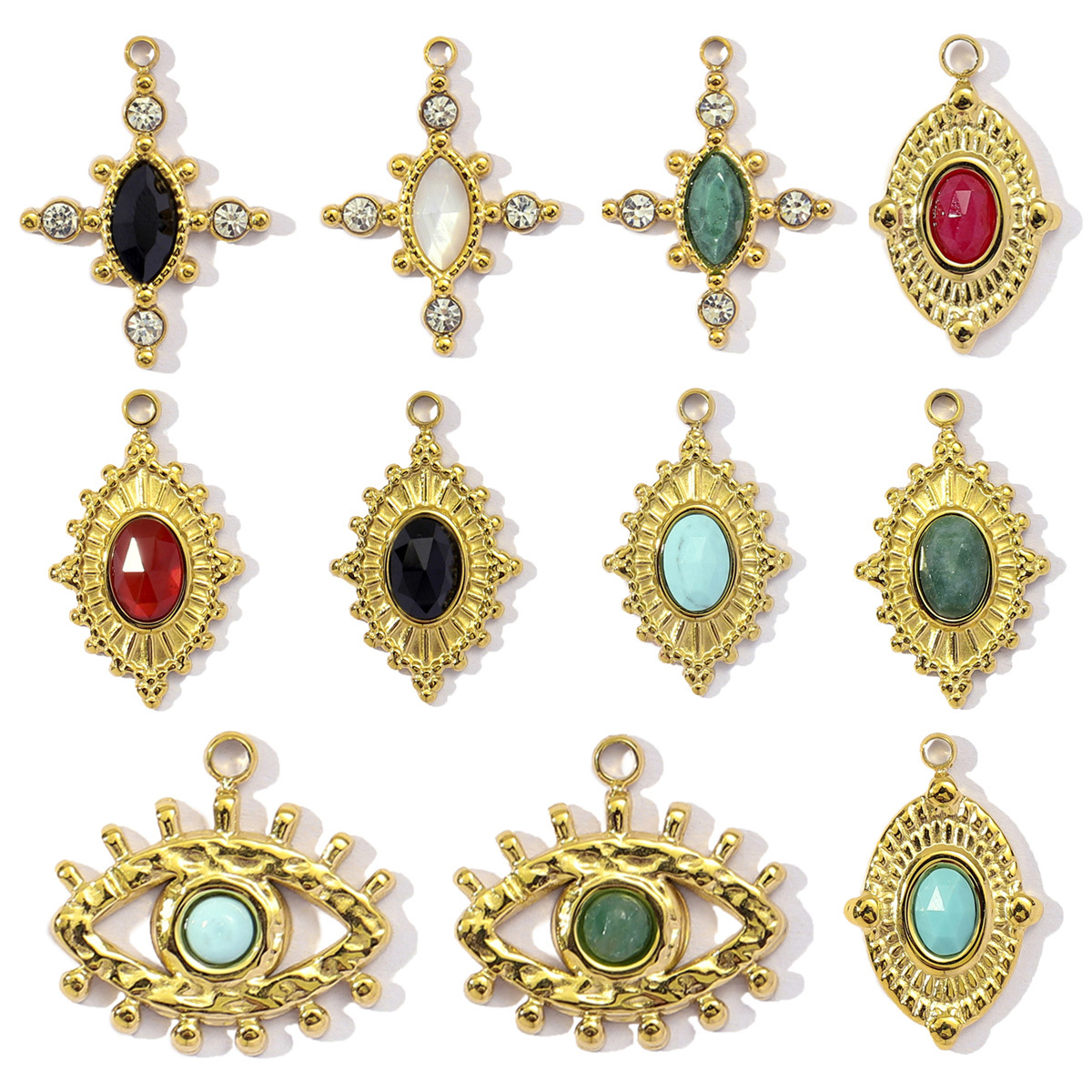 6pcs/pack French Stainless Steel African Jade Cross Diy Charm  Women Chalchite Evil Eye Necklace Pendant Natural Stone Jewelry