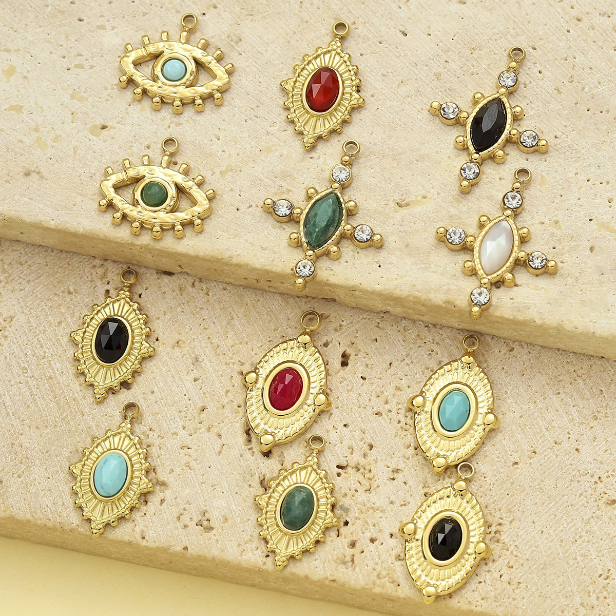 6pcs/pack French Stainless Steel African Jade Cross Diy Charm  Women Chalchite Evil Eye Necklace Pendant Natural Stone Jewelry
