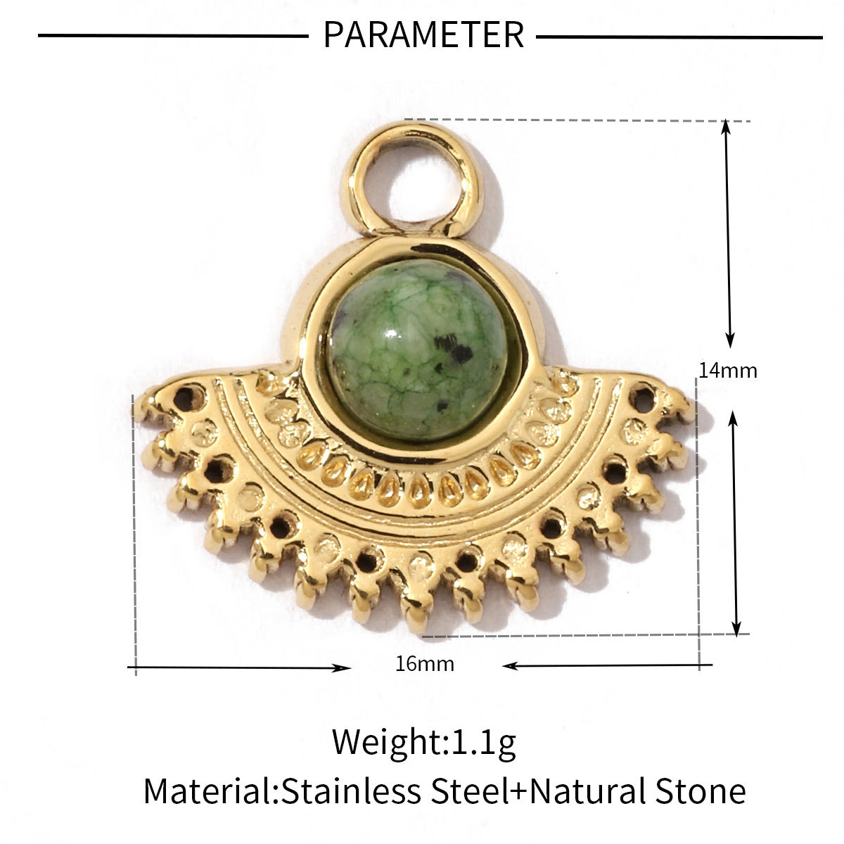 6pcs/pack Flower Heart Stainless Steel DIY African Jade Natural Semi Precious Stone Charms Fan-shaped Necklace Pendant