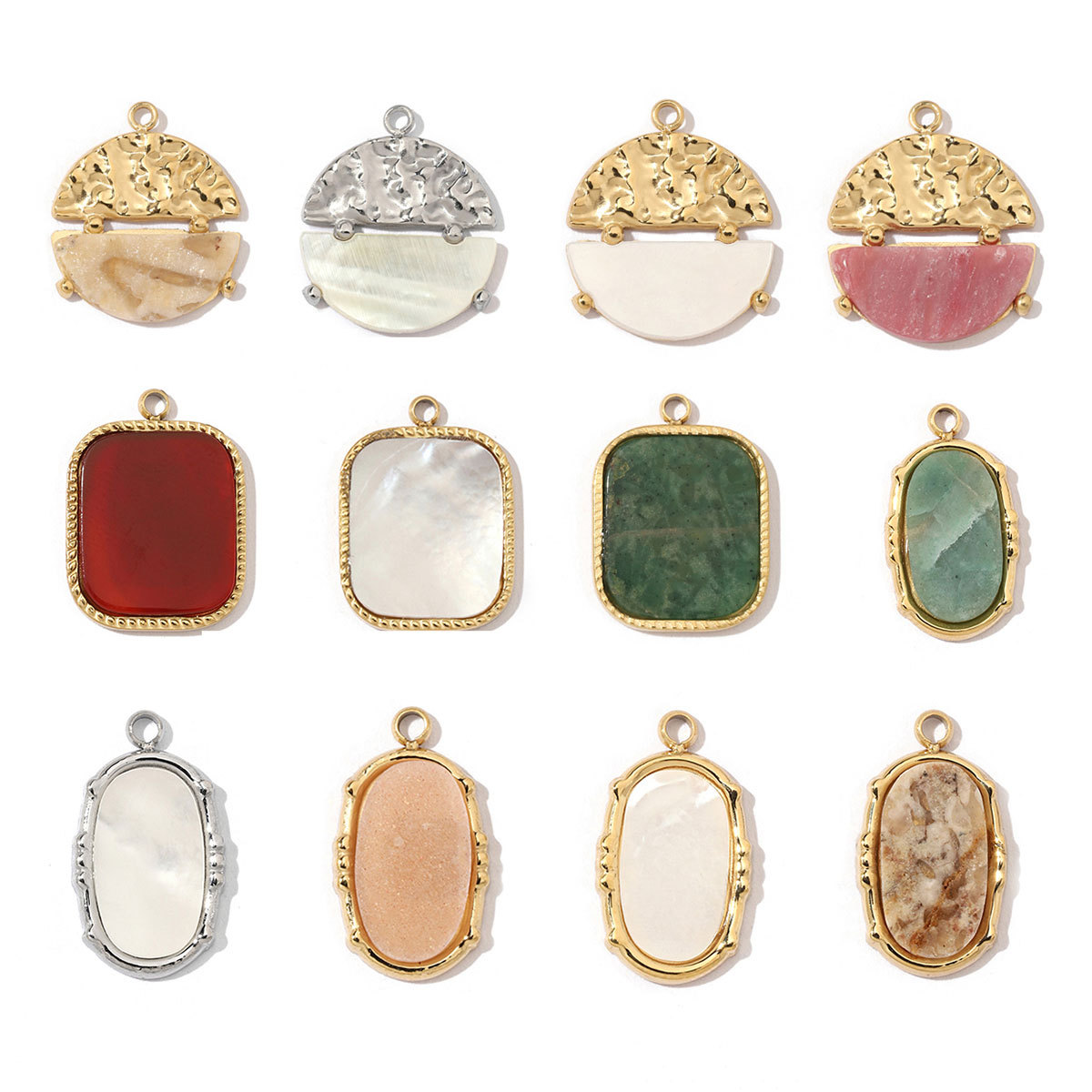 6pcs/pack Bohemia 316 Stainless Steel DIY Geometric Stone Charms Shell Feldspar Sunstone Oval Round Necklace Pendant