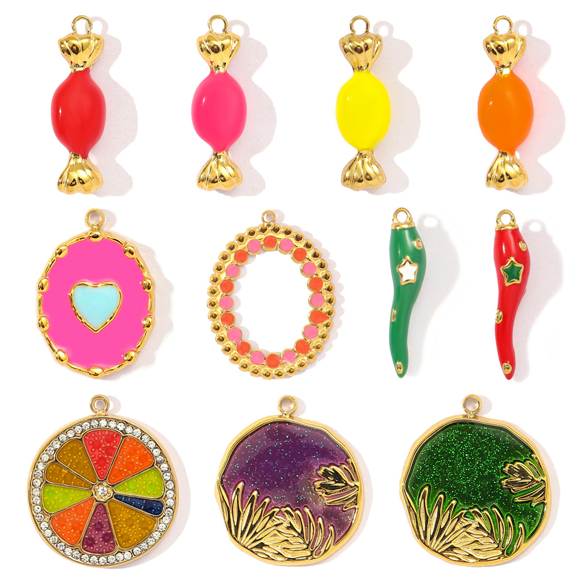 6pcs/pack Stainless Steel Colorfull Candy Chili Necklace Pendant Women Enamel Heart Leaf Lemon Diy Bracelet Charms Love Jewelry