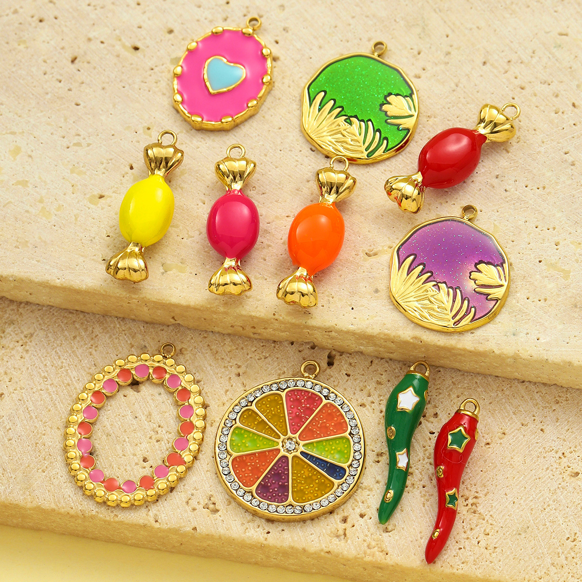 6pcs/pack Stainless Steel Colorfull Candy Chili Necklace Pendant Women Enamel Heart Leaf Lemon Diy Bracelet Charms Love Jewelry