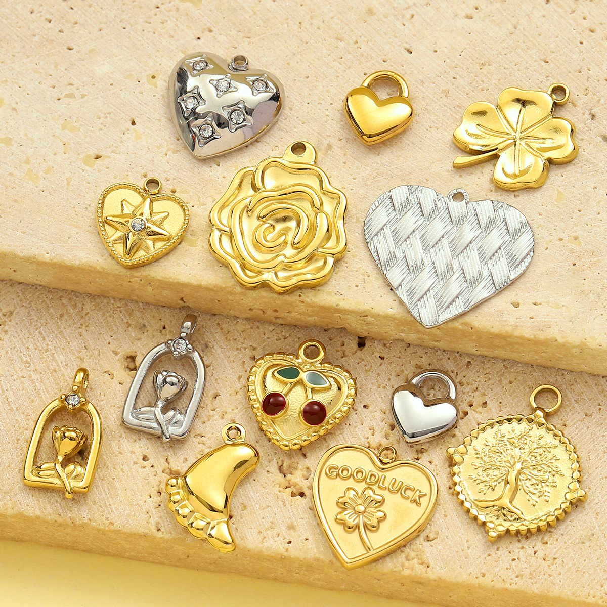 6pcs/pack French Retro Stainless Steel Heart Flower Clover Necklace Pendant Women Cherry Foot Diy Bracelet Charms Love Jewelry