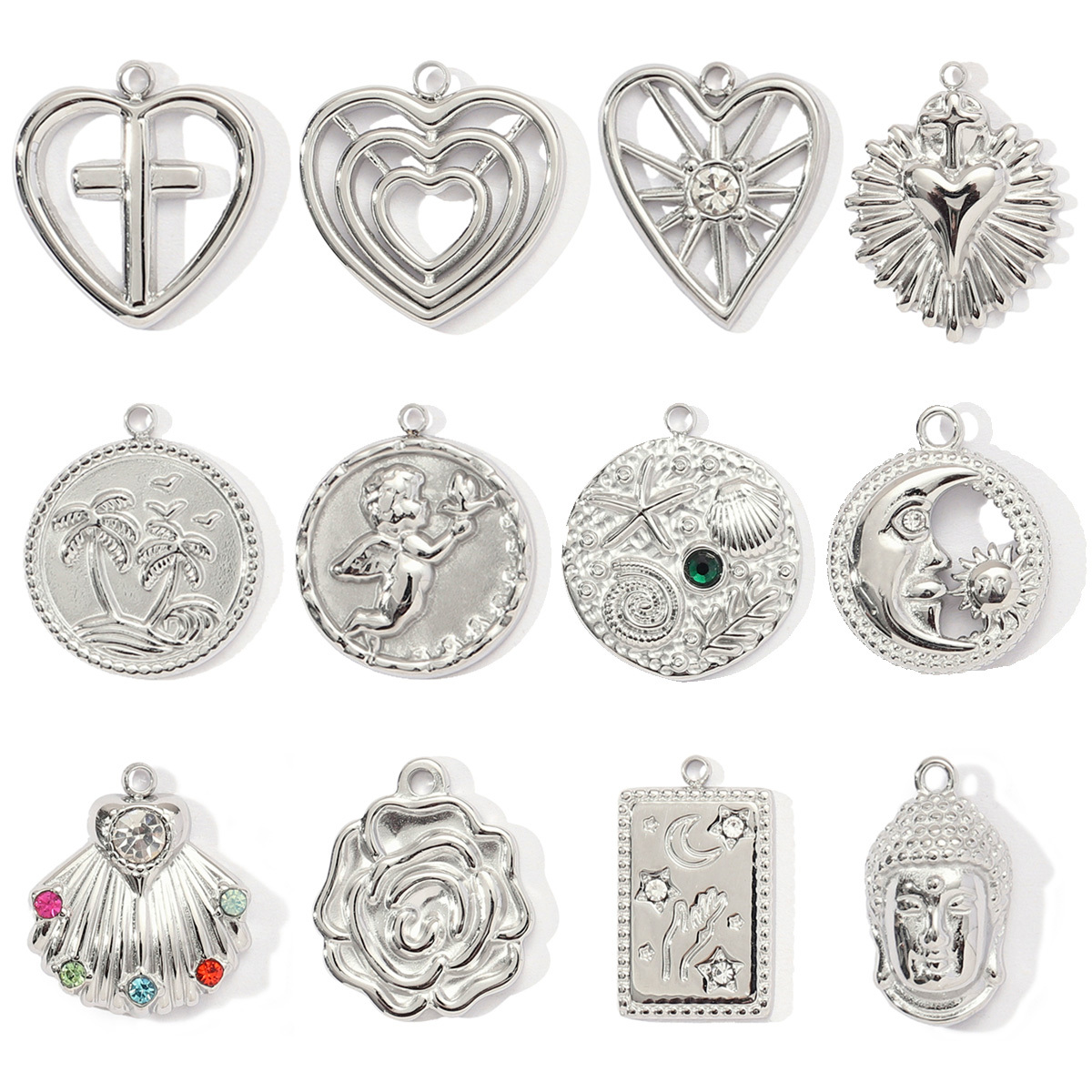 6pcs/pack Stainless Steel Mirror Polish Love Heart Sun Cross Necklace Pendant Women Angel Rose Flower Diy Charms the Buddha Jewelry