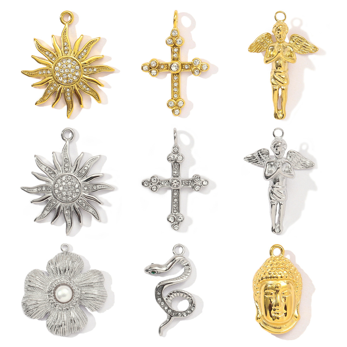 6pcs/pack French Retro Cross Angel Stainless Steel Necklace Pendant Women Stone Sun flower Snake Diy Bracelet Charms Gift Jewelry