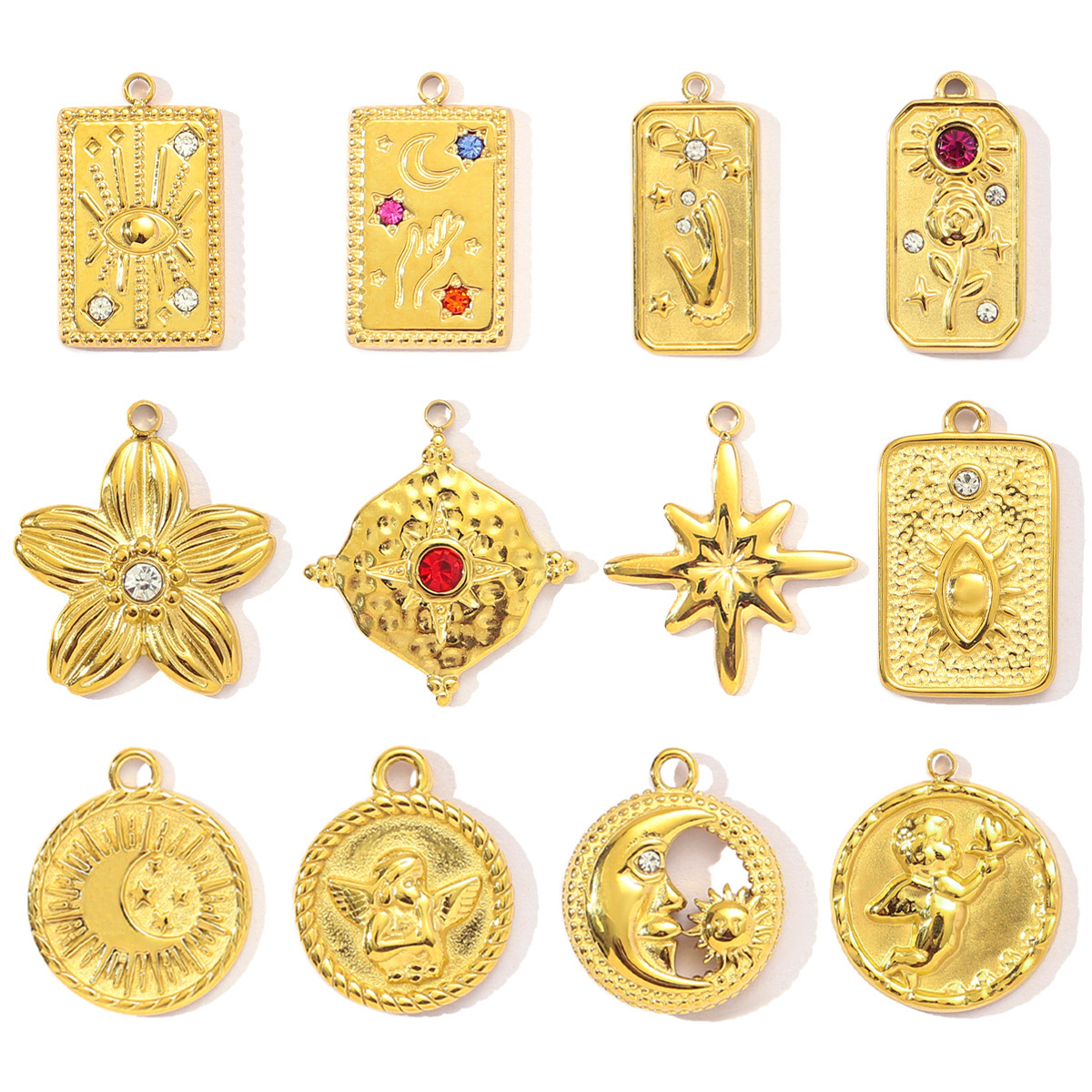 6pcs/pack French Retro Tarot Card Stainless Steel Diy Bracelet Charms Women Stone Angel Flower Necklace Pendants Crescent Jewelry