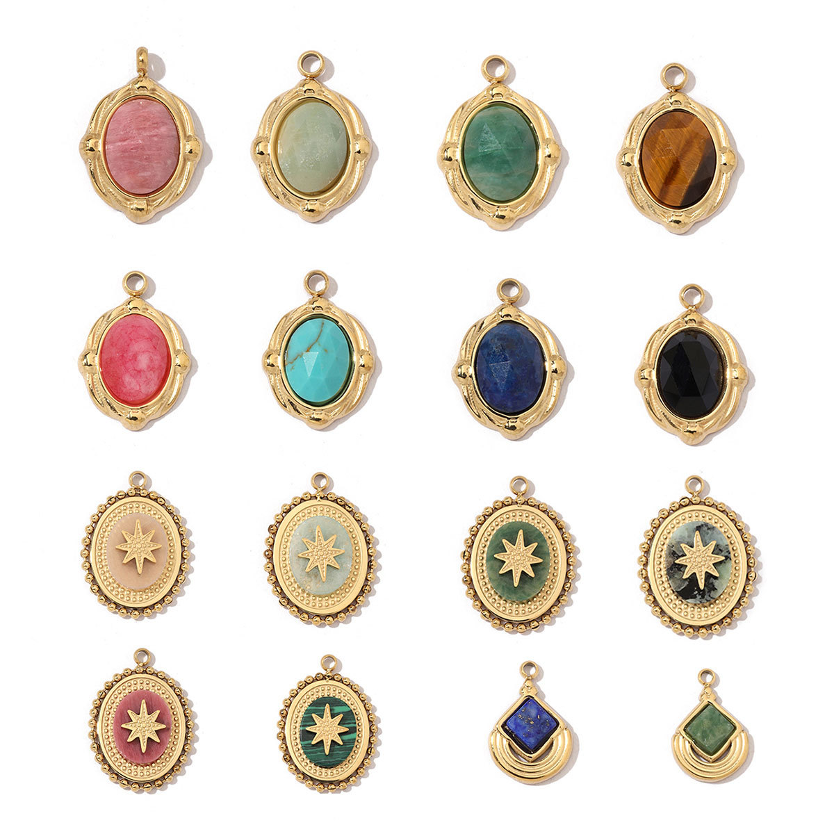6pcs/pack Geometric Bohemia 316 Stainless Steel Tigereye Natural Semi Precious Stone Charms Sun Star Oval Round Necklace Pendant