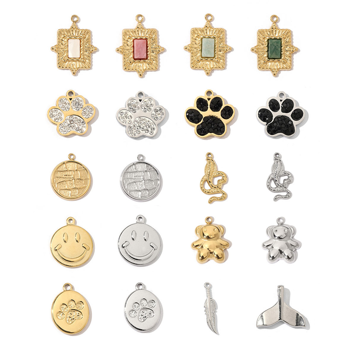 6pcs/pack Animal 316 Stainless Steel Natural Semi precious Stone Charms Dog Paw Smile Face Snake Tail Bear Necklace Small Pendant