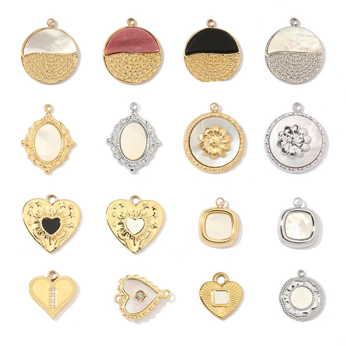 6pcs/pack Fashion 316 Stainless Steel Onyx Shell Charms Heart Flower Sun Sea Square Necklace DIY Small Pendant