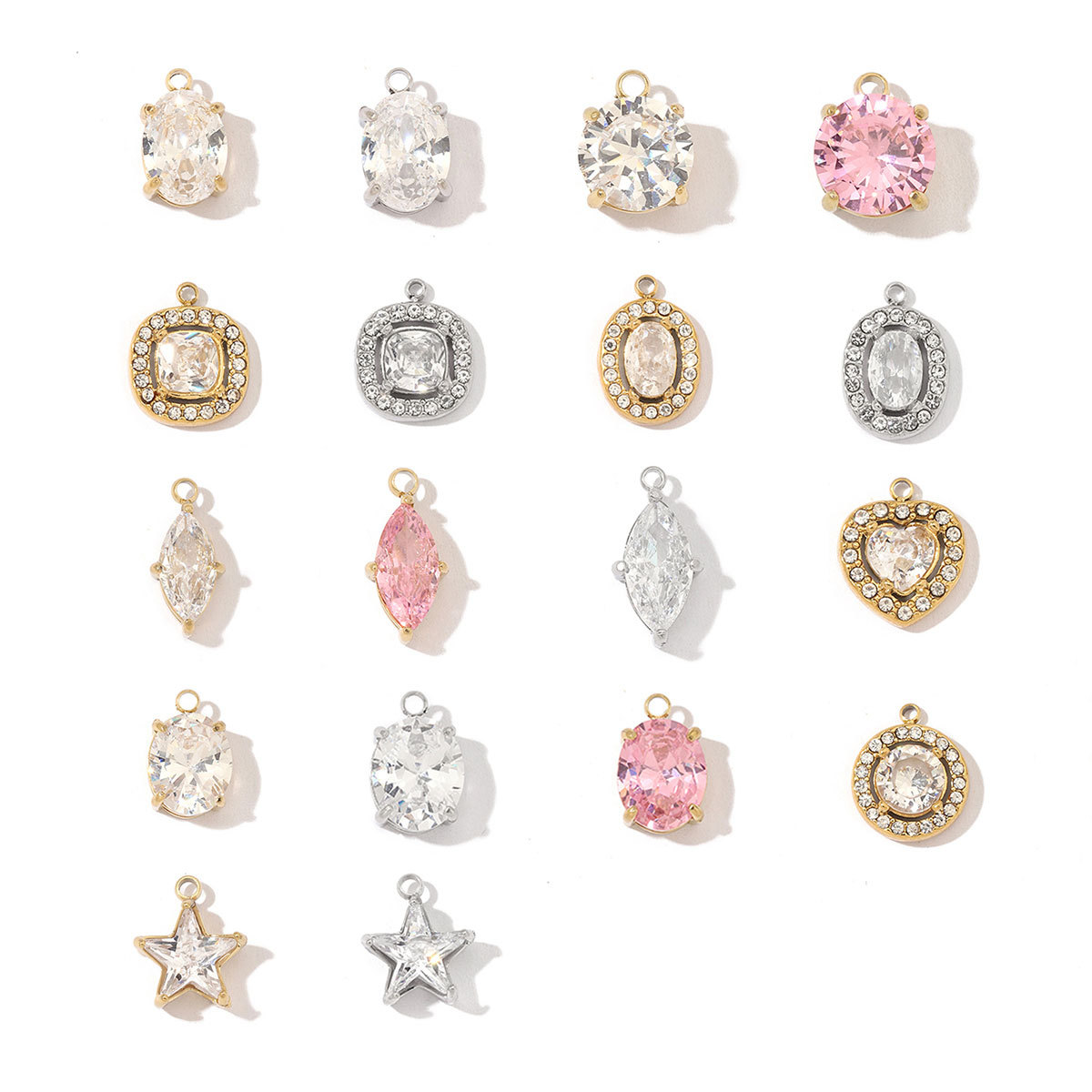 6pcs/pack Fashion Stainless Steel Zircon Crystal Charms Oval Star Heart Round Square HorseeyeStone Necklace DIY Small Pendant