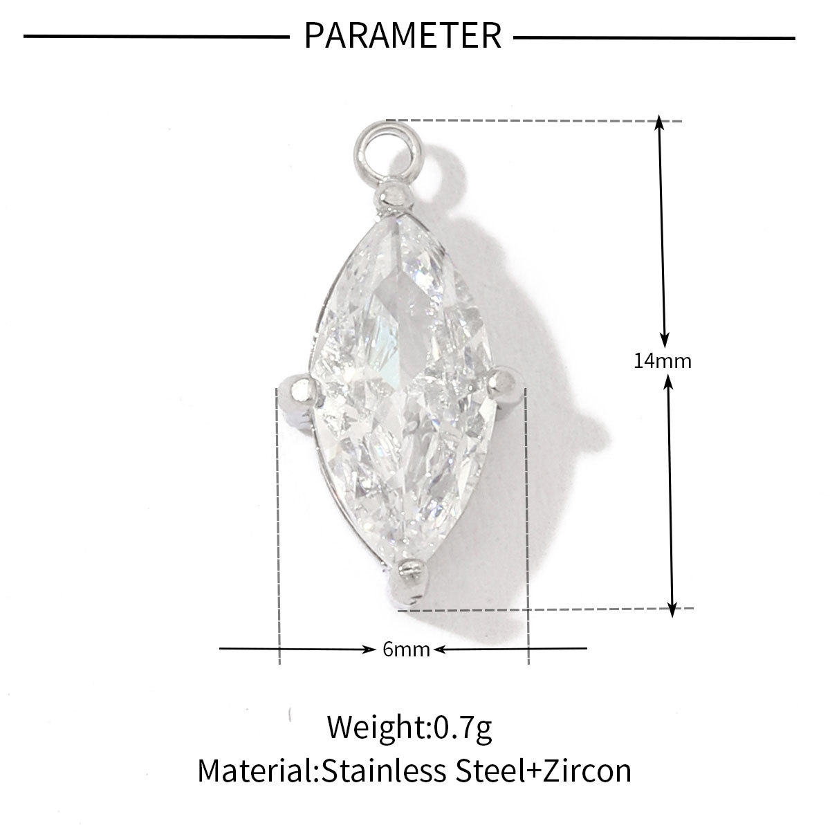 6pcs/pack Fashion Stainless Steel Zircon Crystal Charms Oval Star Heart Round Square HorseeyeStone Necklace DIY Small Pendant