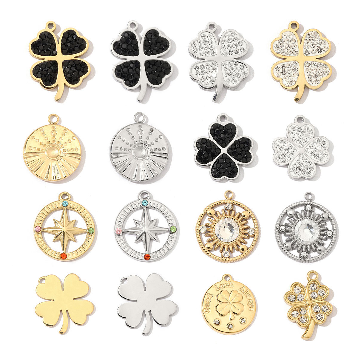 6pcs/pack Trendy Stainless Steel Crystal Clover Four-leaf Lucky Charms Compass Ancient Coins Necklace DIY Small Pendant