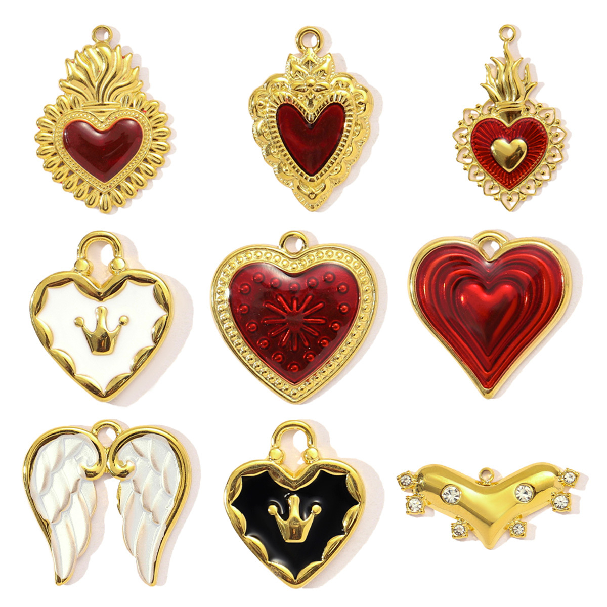 6pcs/pack French Red Enamel Crown Heart Stainless Steel Diy Bracelets Charm Women Shell Angel Wing Necklace Pendant Love Jewelry