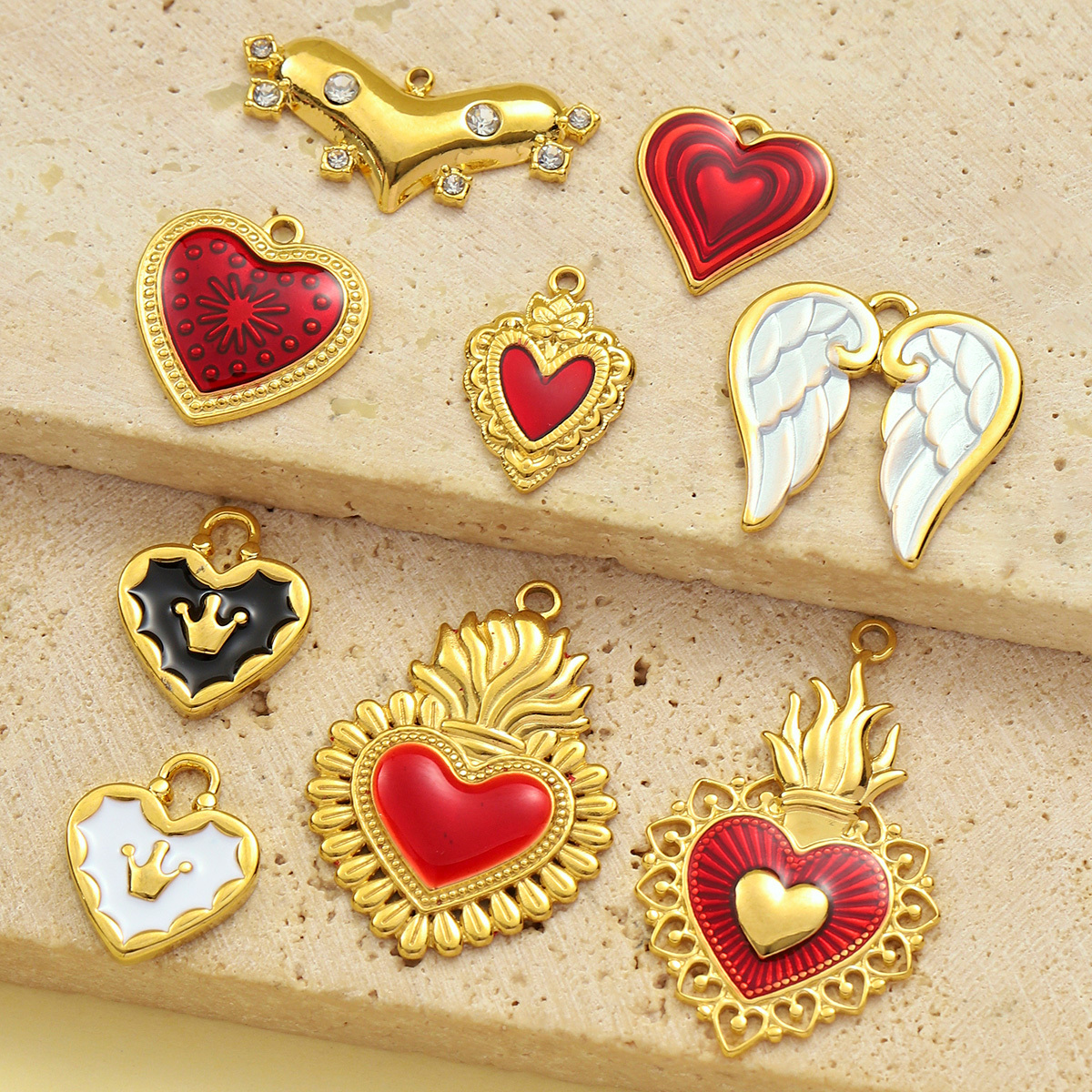 6pcs/pack French Red Enamel Crown Heart Stainless Steel Diy Bracelets Charm Women Shell Angel Wing Necklace Pendant Love Jewelry