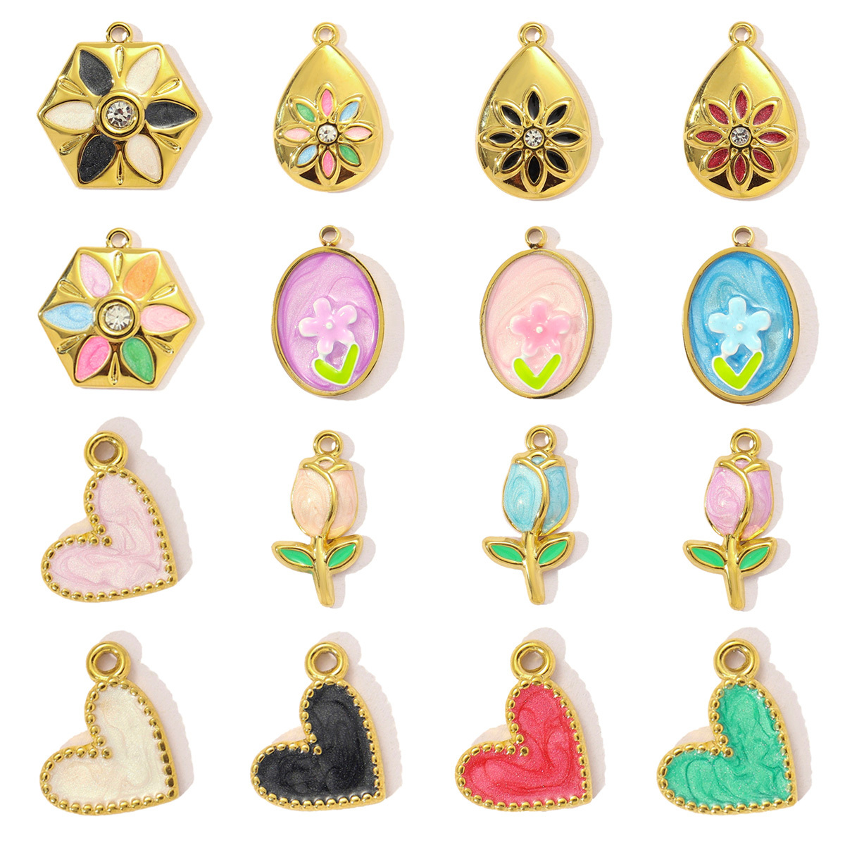 6pcs/pack Sweet Gradient Enamel Rose Stainless Steel Diy Charm Women Rainbow Flower Waterdrop Necklace Pendant Love Heart Jewelry