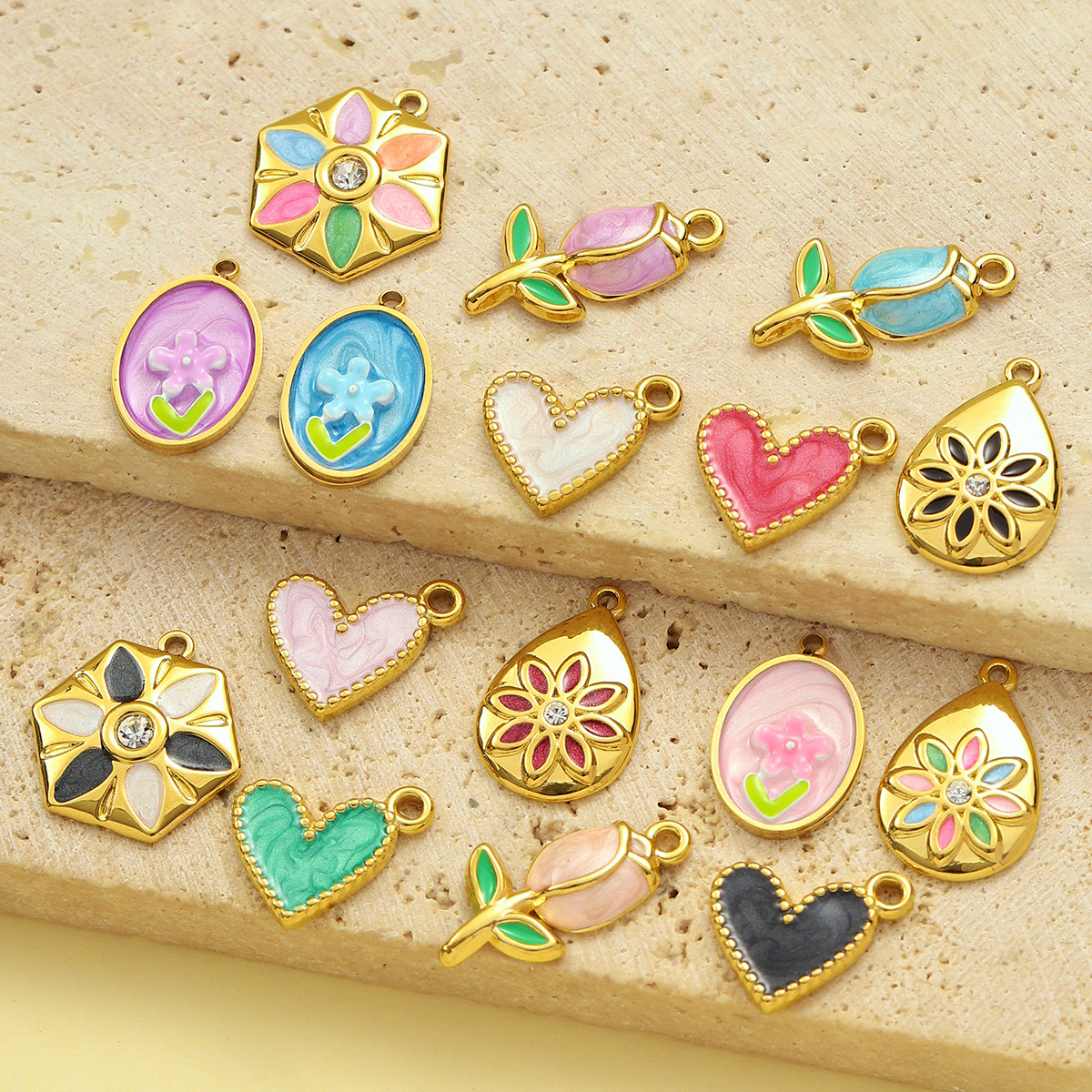 6pcs/pack Sweet Gradient Enamel Rose Stainless Steel Diy Charm Women Rainbow Flower Waterdrop Necklace Pendant Love Heart Jewelry