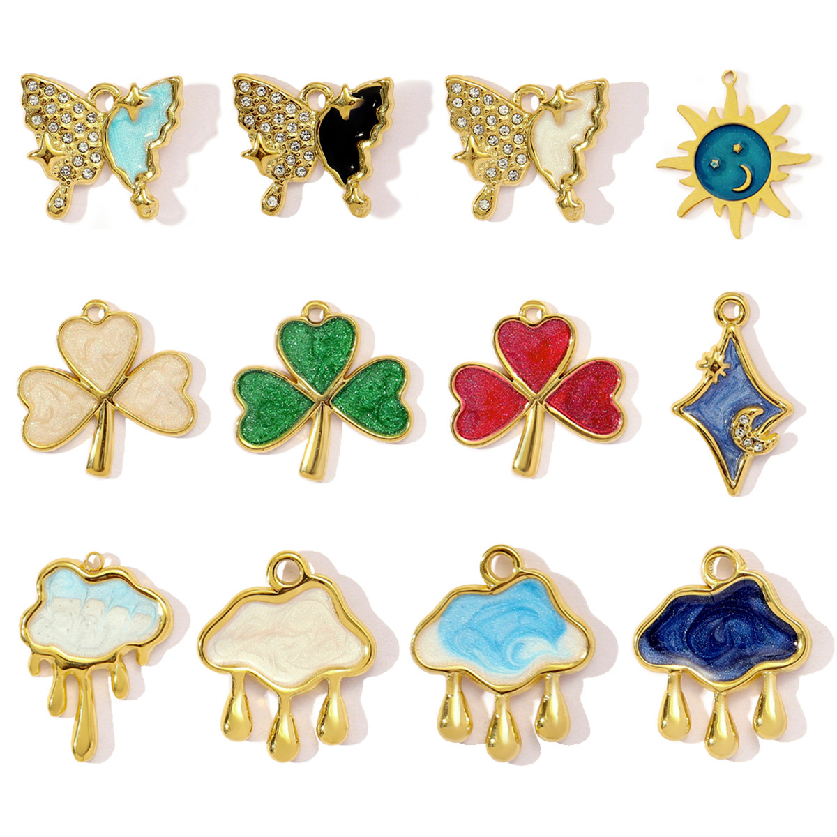6pcs/pack French Enamel Stainless Steel Raindrop Cloud Diy Charm Women Clover Butterfly Sun Necklace Pendant Star Crescent Jewelry