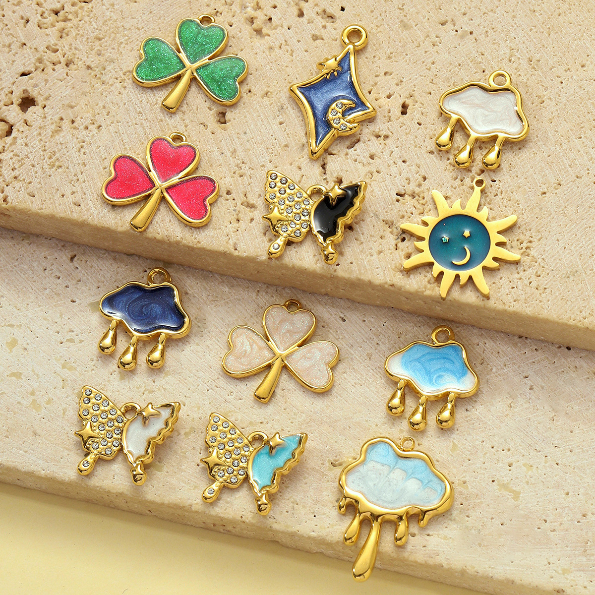 6pcs/pack French Enamel Stainless Steel Raindrop Cloud Diy Charm Women Clover Butterfly Sun Necklace Pendant Star Crescent Jewelry