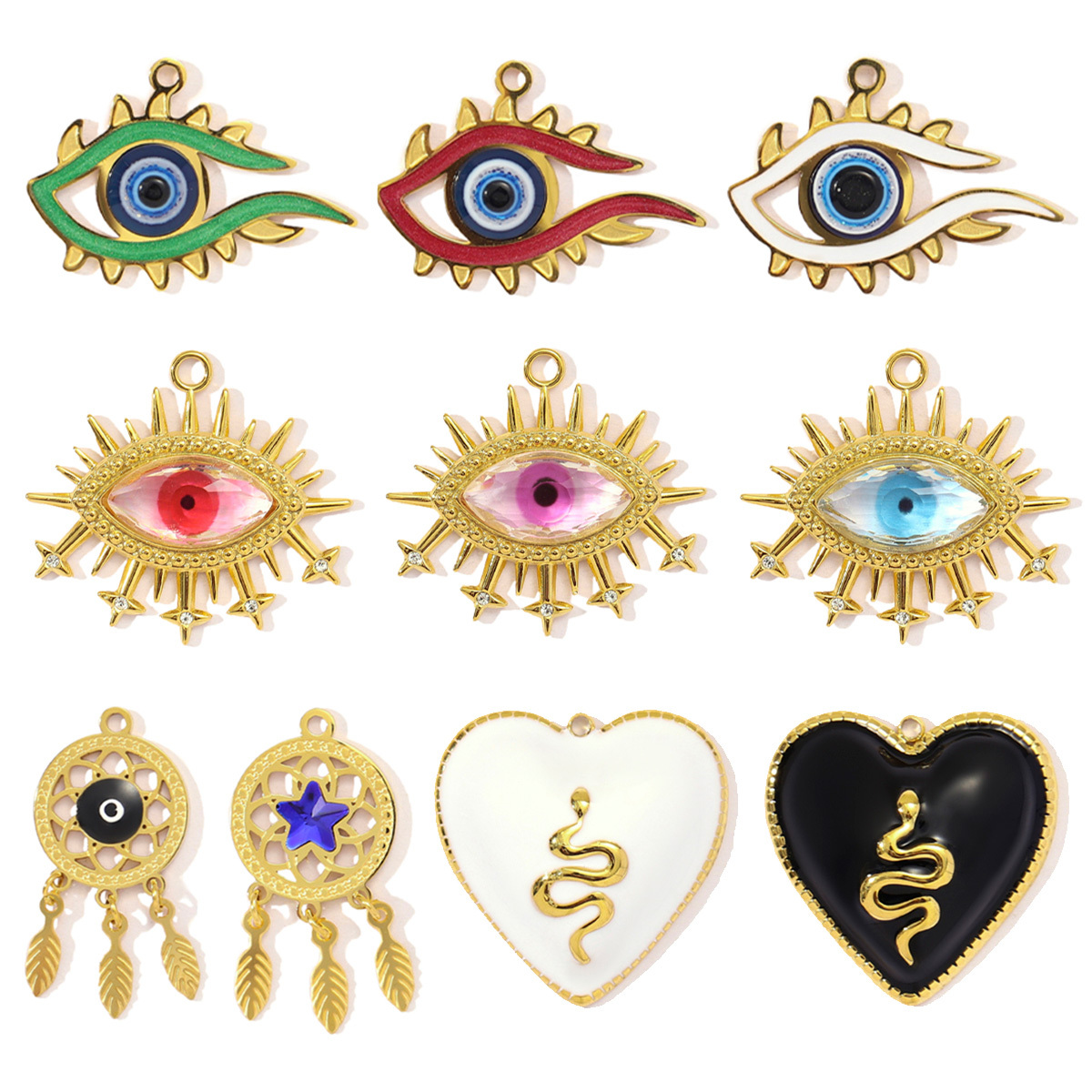 6pcs/pack Fashion Stainless Steel Enamel Heart Snake Diy Charm Women Dream Catcher Star Necklace Pendant Star Evil Eye Jewelry