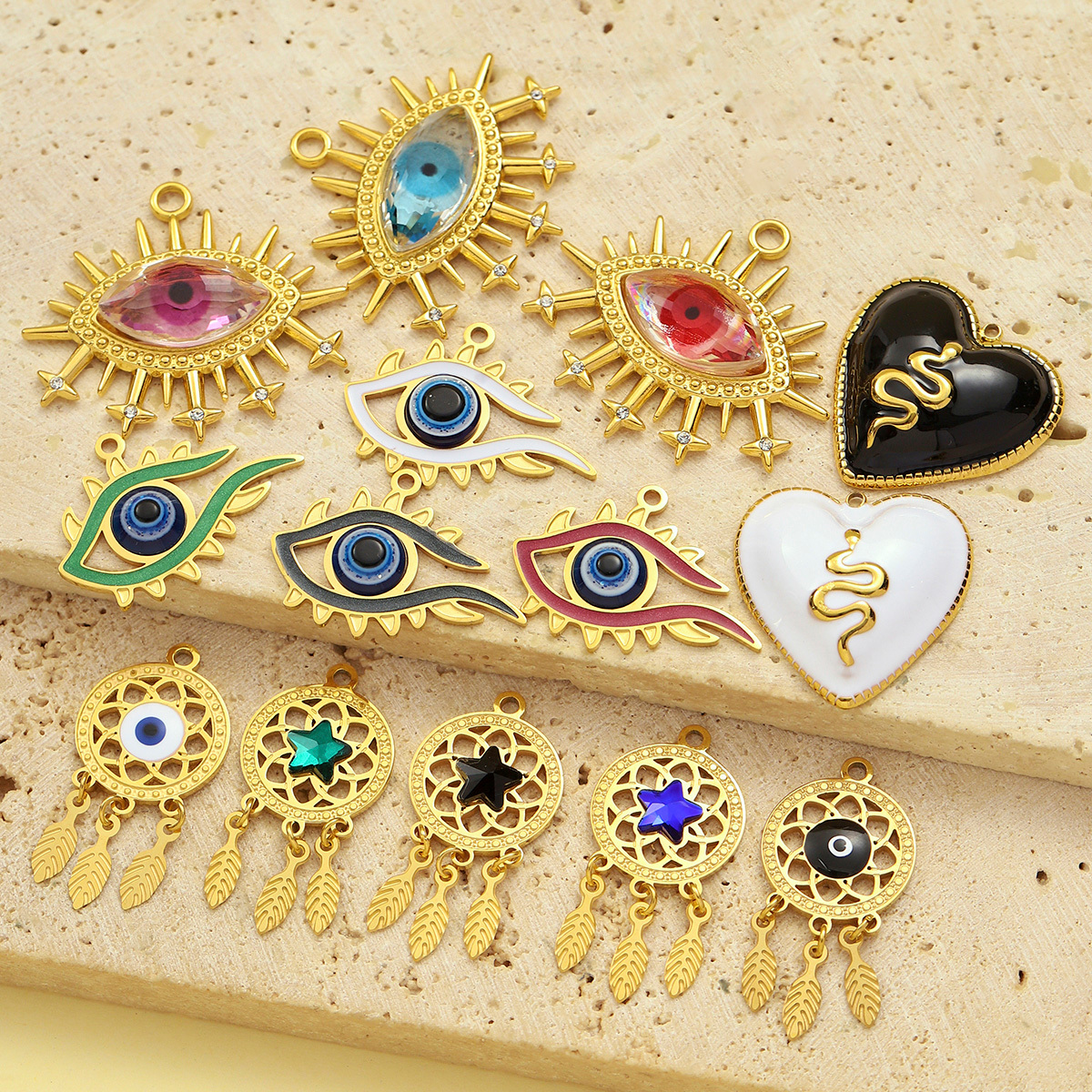 6pcs/pack Fashion Stainless Steel Enamel Heart Snake Diy Charm Women Dream Catcher Star Necklace Pendant Star Evil Eye Jewelry