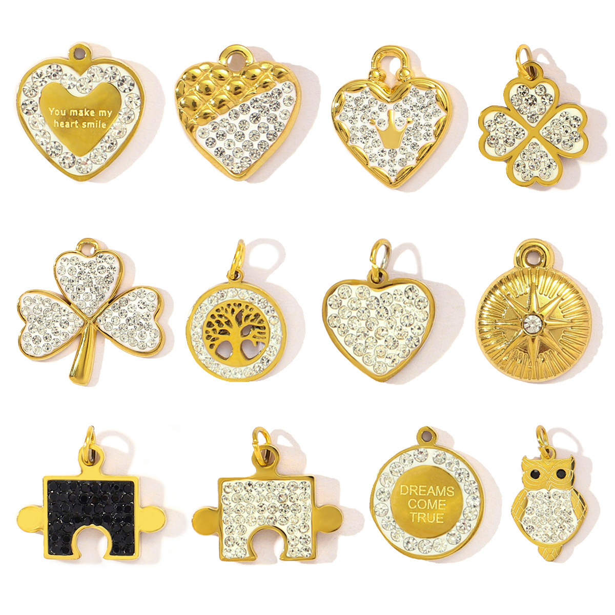 6pcs/pack Fashion Stainless Steel Rhinestone Heart Clover Diy Bracelet Charm Women Crown Owl Sun Necklace Pendant Puzzle Jewelry