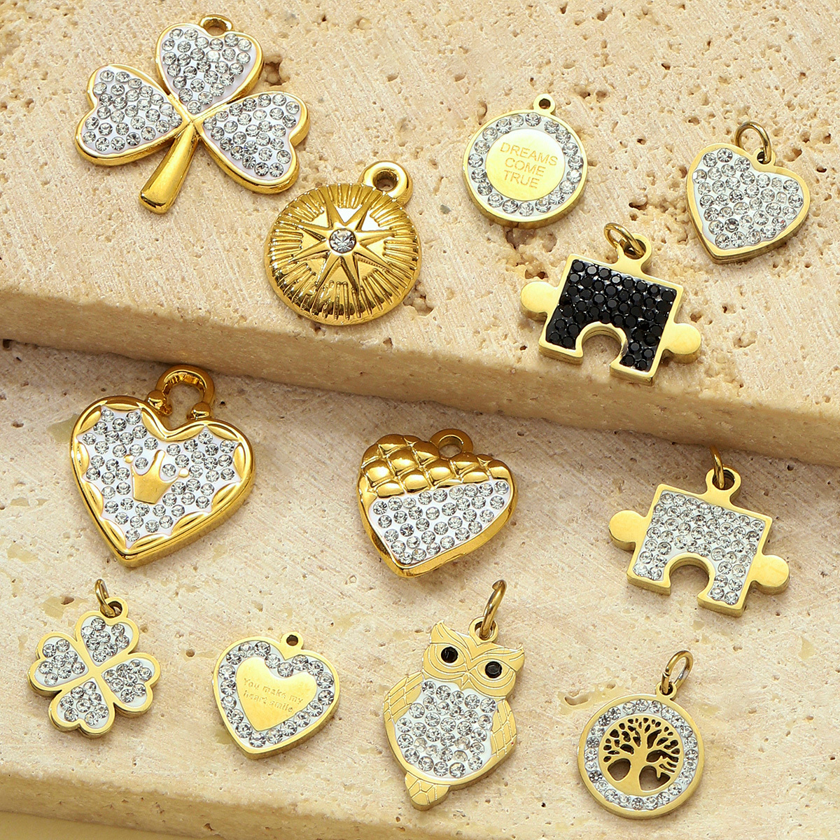 6pcs/pack Fashion Stainless Steel Rhinestone Heart Clover Diy Bracelet Charm Women Crown Owl Sun Necklace Pendant Puzzle Jewelry