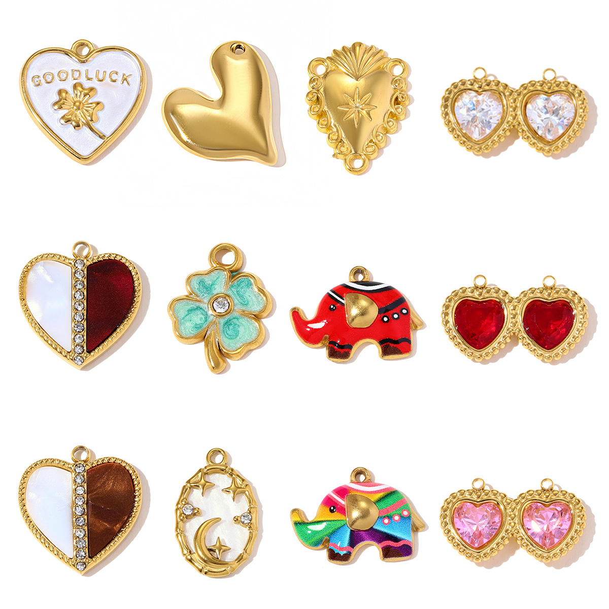 6pcs/pack Stainless Steel Crystal Double love Heart Necklace Pendant Moon Elephant DIY Charm Women Good Luck Clover Jewelry Wholesale