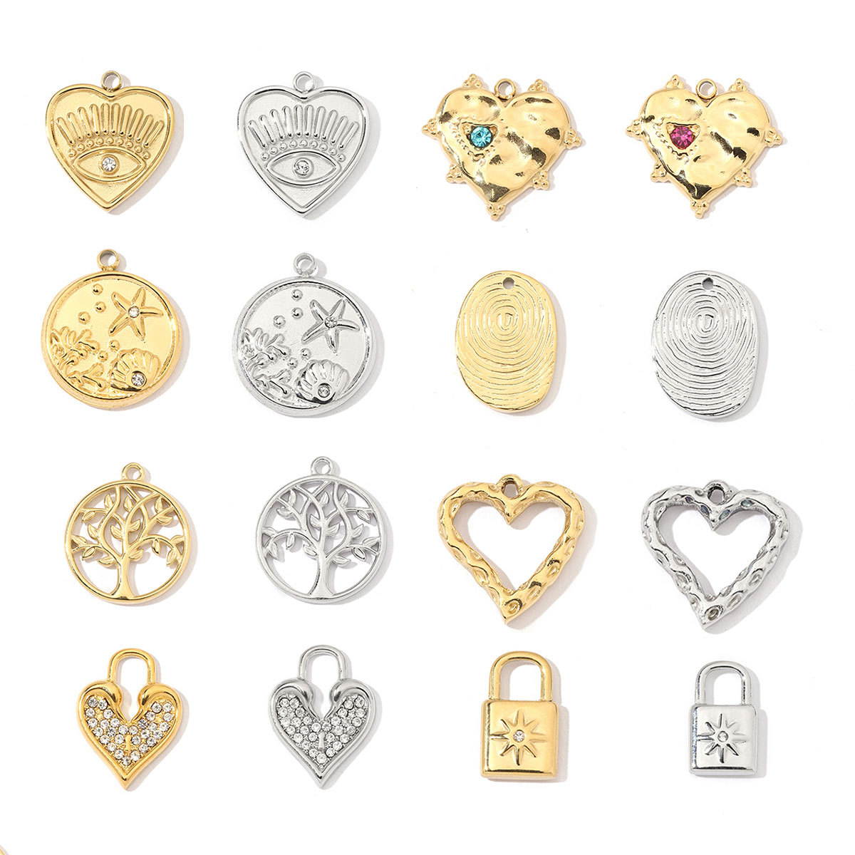 6pcs/pack Stainless Steel Heart Starfish Life Tree Charms Lock Sun Fingerprint Necklace DIY Small Pendant Wholesale