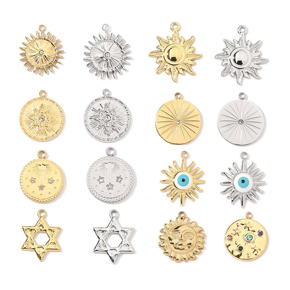 6pcs/pack French Retro Stainless Steel Sun Eye Star Charms Round Gold Color Coin Necklace DIY Small Pendant Wholesale