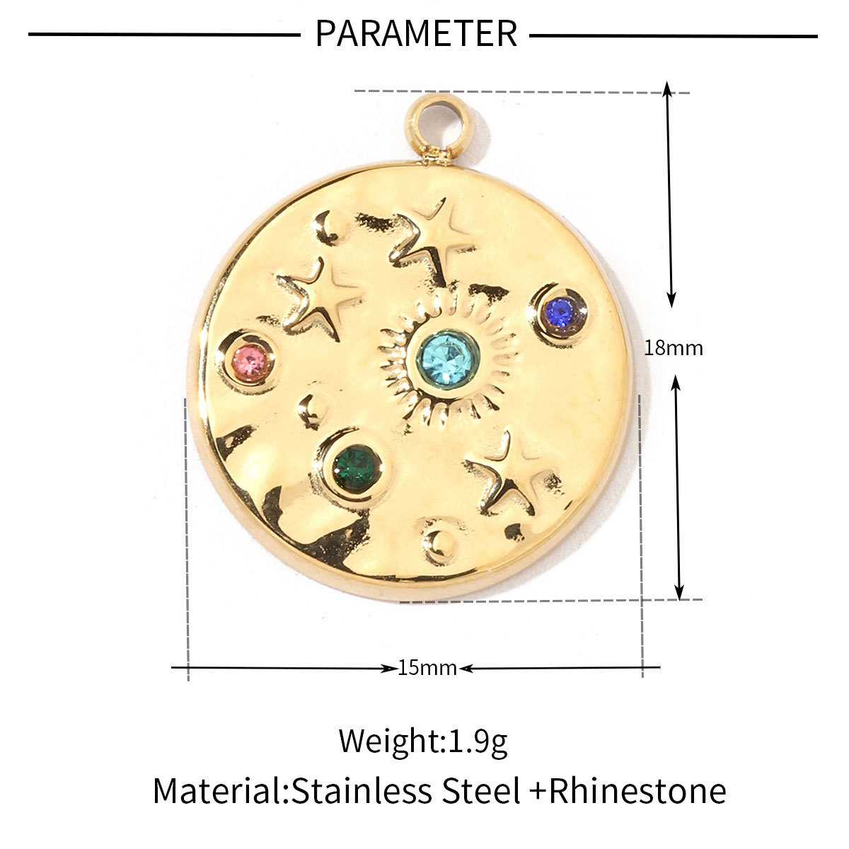 6pcs/pack French Retro Stainless Steel Sun Eye Star Charms Round Gold Color Coin Necklace DIY Small Pendant Wholesale