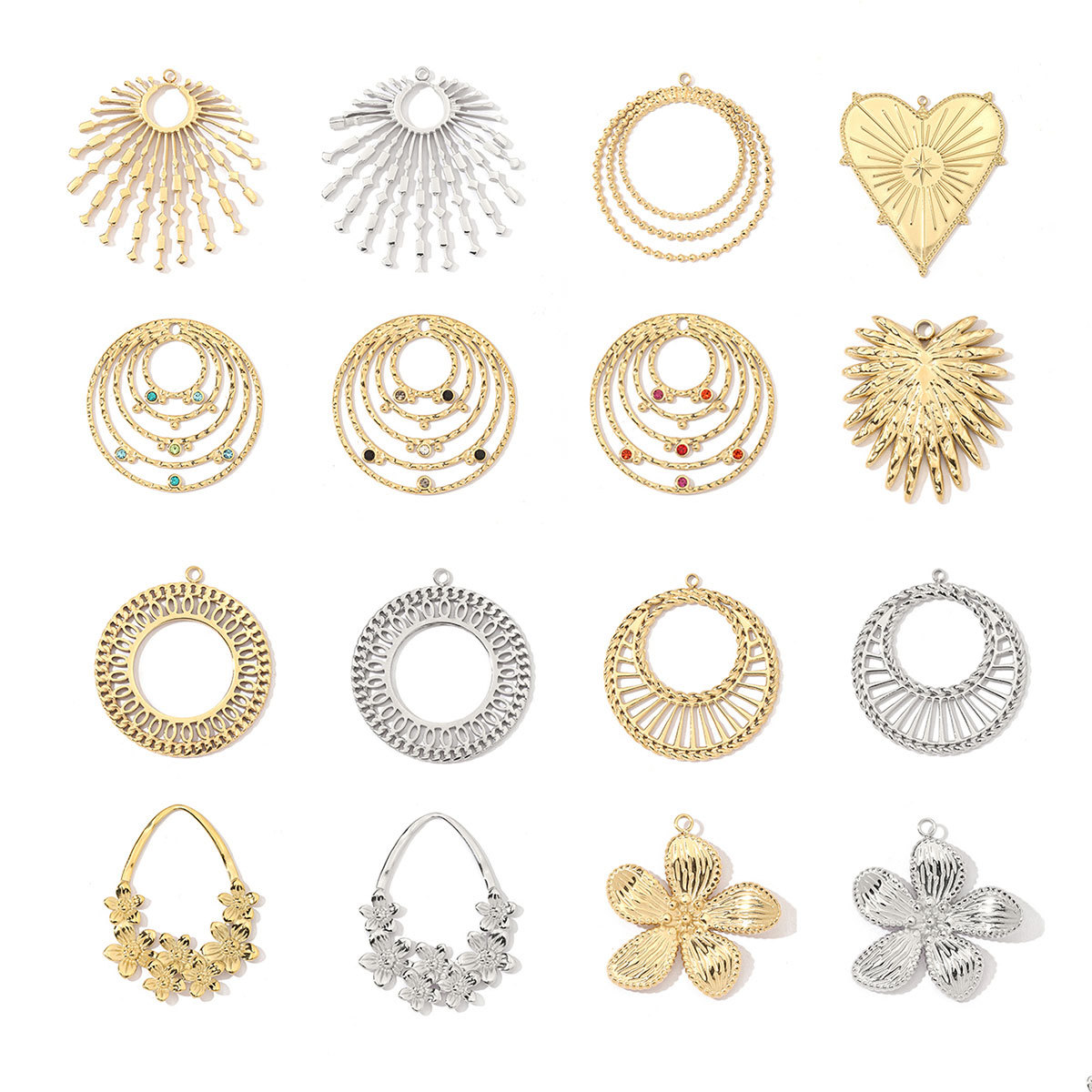 6pcs/pack Stainless Steel French Retro Geometric Charms Heart Love Circle Waterdroop Flower Necklace DIY Small Pendant