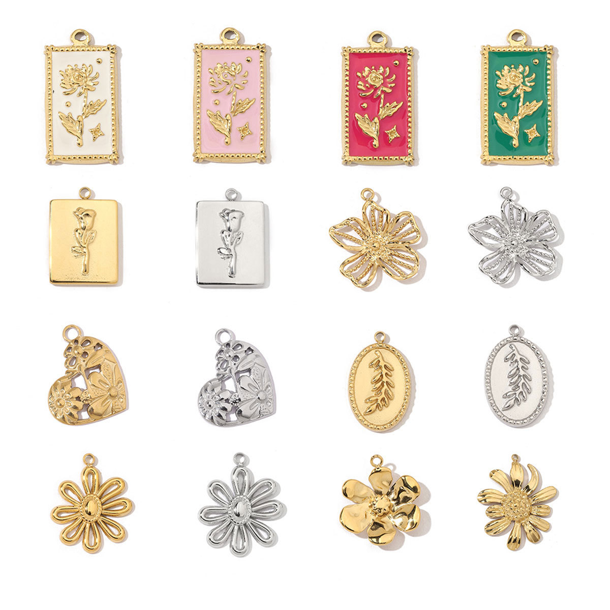 6pcs/pack Stainless Steel French Geometric Flower Enamel Square Charms Rose Heart Daisy Necklace DIY Small Pendant