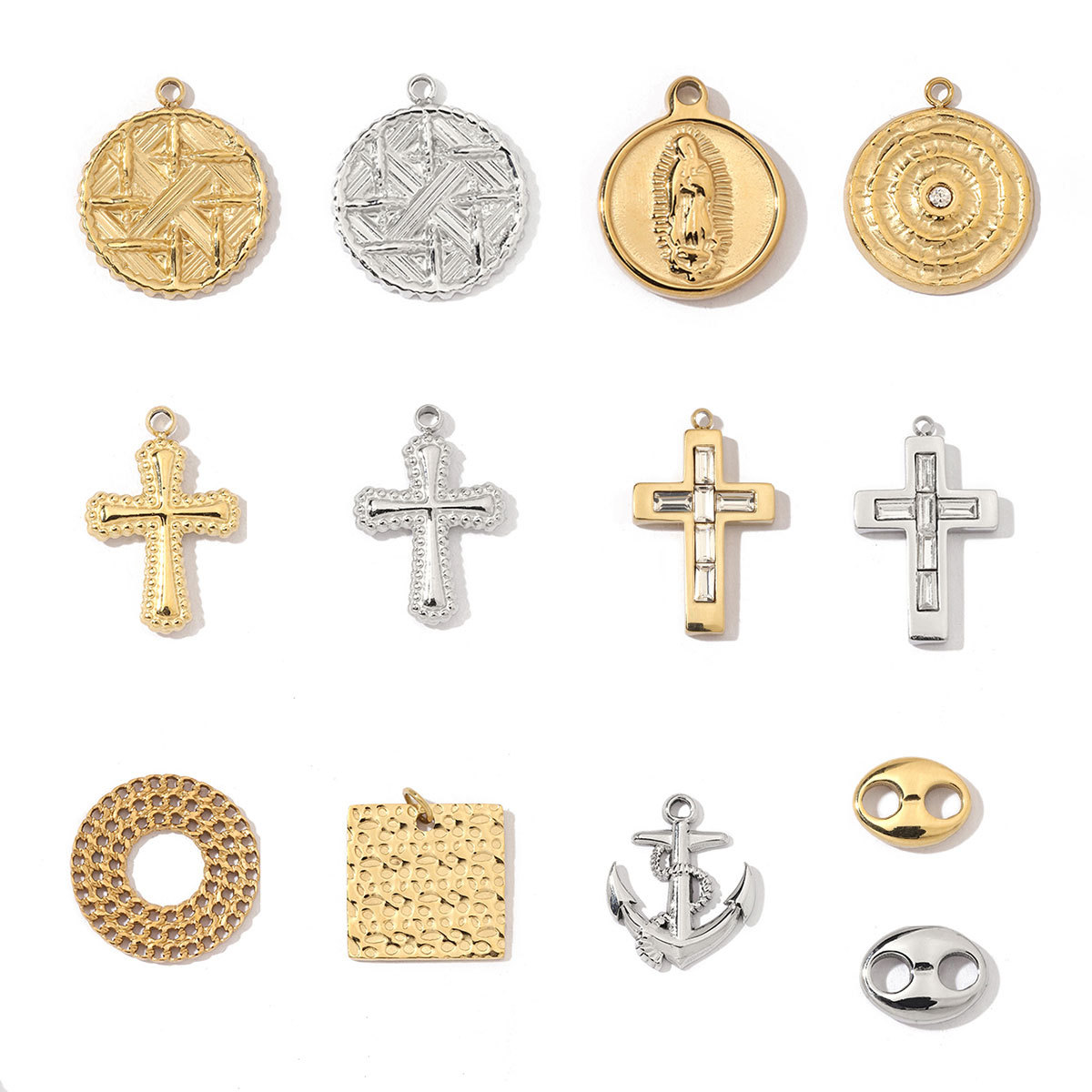 6pcs/pack French Style Stainless Steel Cross Pig Nose Goddess Anchor Charms Braid Circle Coin Necklace DIY Small Pendant