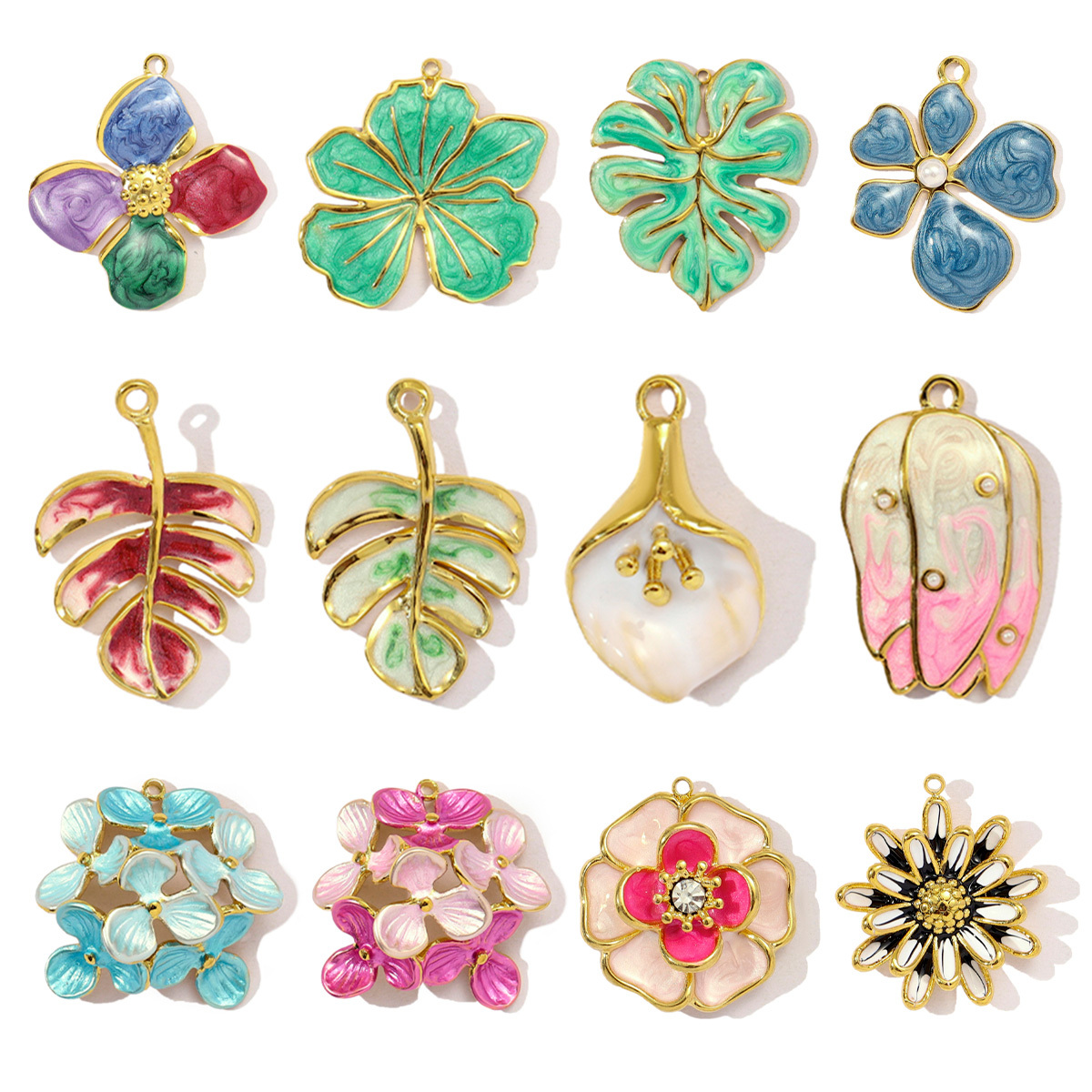 6pcs/pack Stainless Steel Gradient Enamel Hydrangea Tulip Necklace Pendant Women Monstera Leaf Diy Bracelet Charm Flower Jewelry