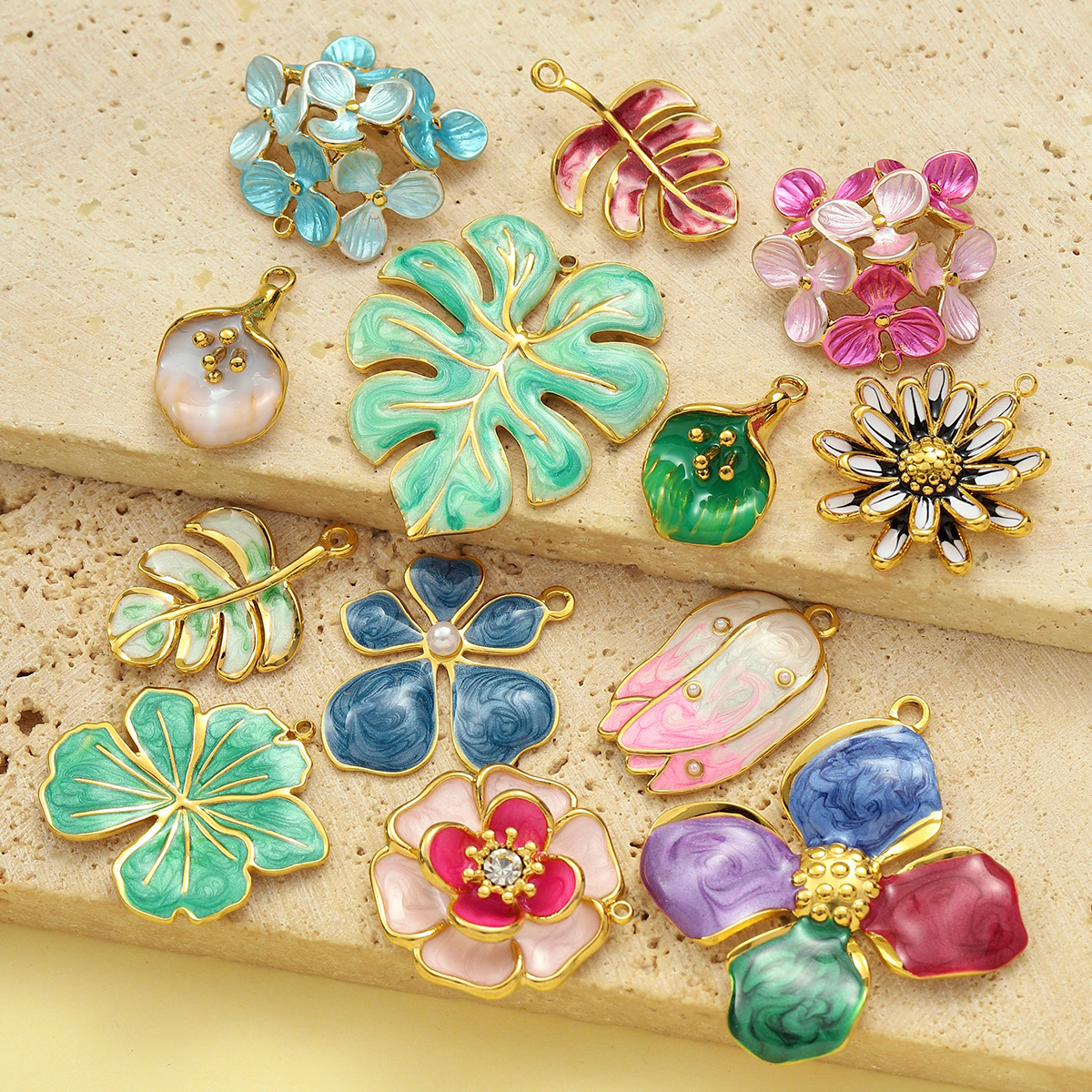 6pcs/pack Stainless Steel Gradient Enamel Hydrangea Tulip Necklace Pendant Women Monstera Leaf Diy Bracelet Charm Flower Jewelry