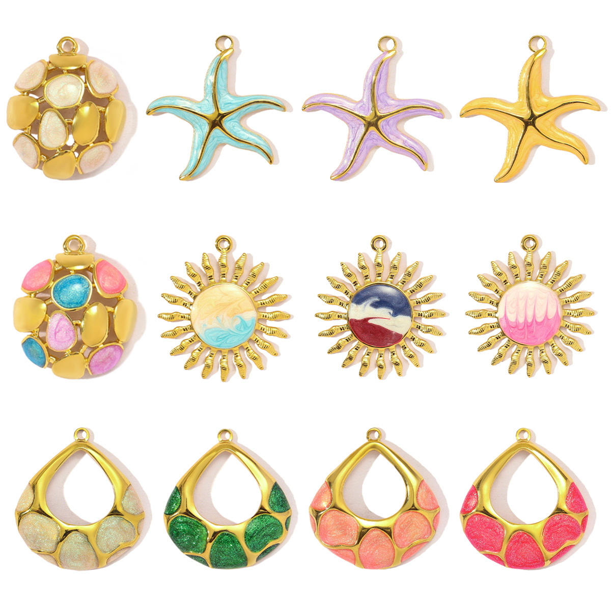 6pcs/pack Stainless Steel Enamel Sunflower Starfish Necklace&Earring Pendant Women Flower Ball Diy Charm Colorful Waterdrop Jewelry