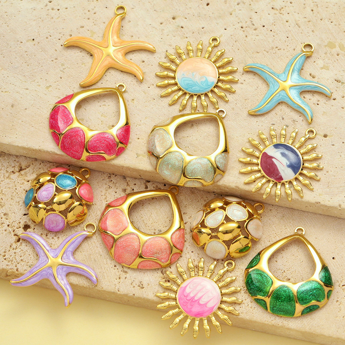 6pcs/pack Stainless Steel Enamel Sunflower Starfish Necklace&Earring Pendant Women Flower Ball Diy Charm Colorful Waterdrop Jewelry
