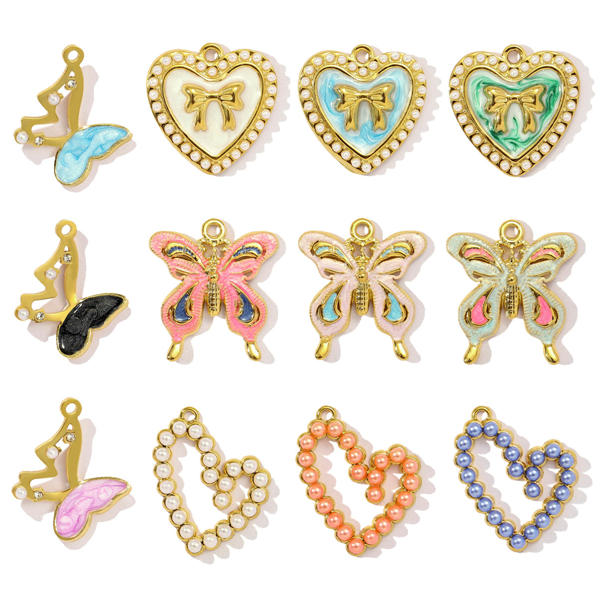 6pcs/pack Stainless Steel Enamel Hollow Heart Necklace&Earring Pendant Women Butterfly Bowknot Diy Charm Colorful Love Jewelry