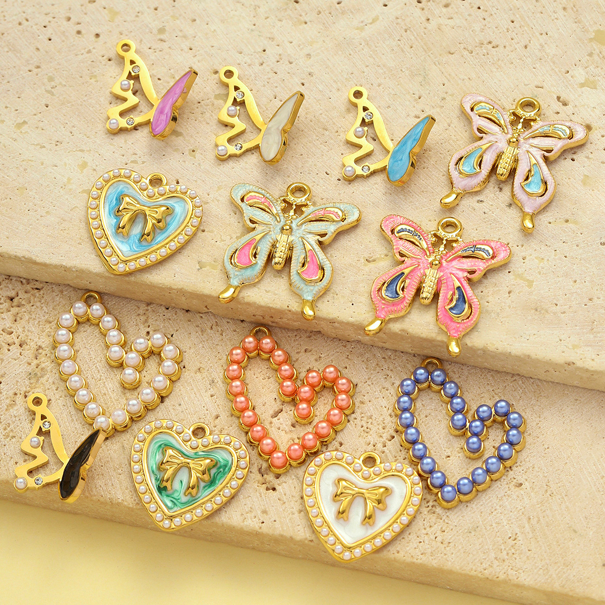 6pcs/pack Stainless Steel Enamel Hollow Heart Necklace&Earring Pendant Women Butterfly Bowknot Diy Charm Colorful Love Jewelry