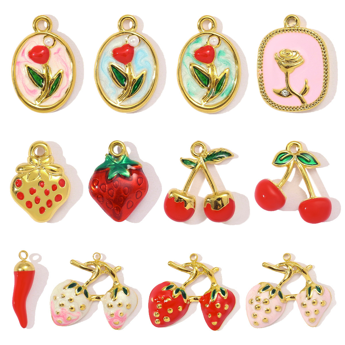 6pcs/pack Cute Stainless Steel Enamel Cherry Strawberry DIY Necklace Pendant Women Chili Rose Flower Bracelet Charm Fruit Jewelry