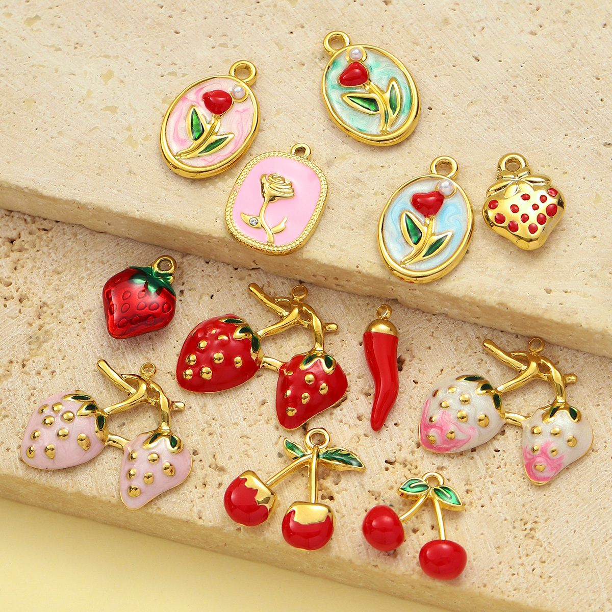 6pcs/pack Cute Stainless Steel Enamel Cherry Strawberry DIY Necklace Pendant Women Chili Rose Flower Bracelet Charm Fruit Jewelry
