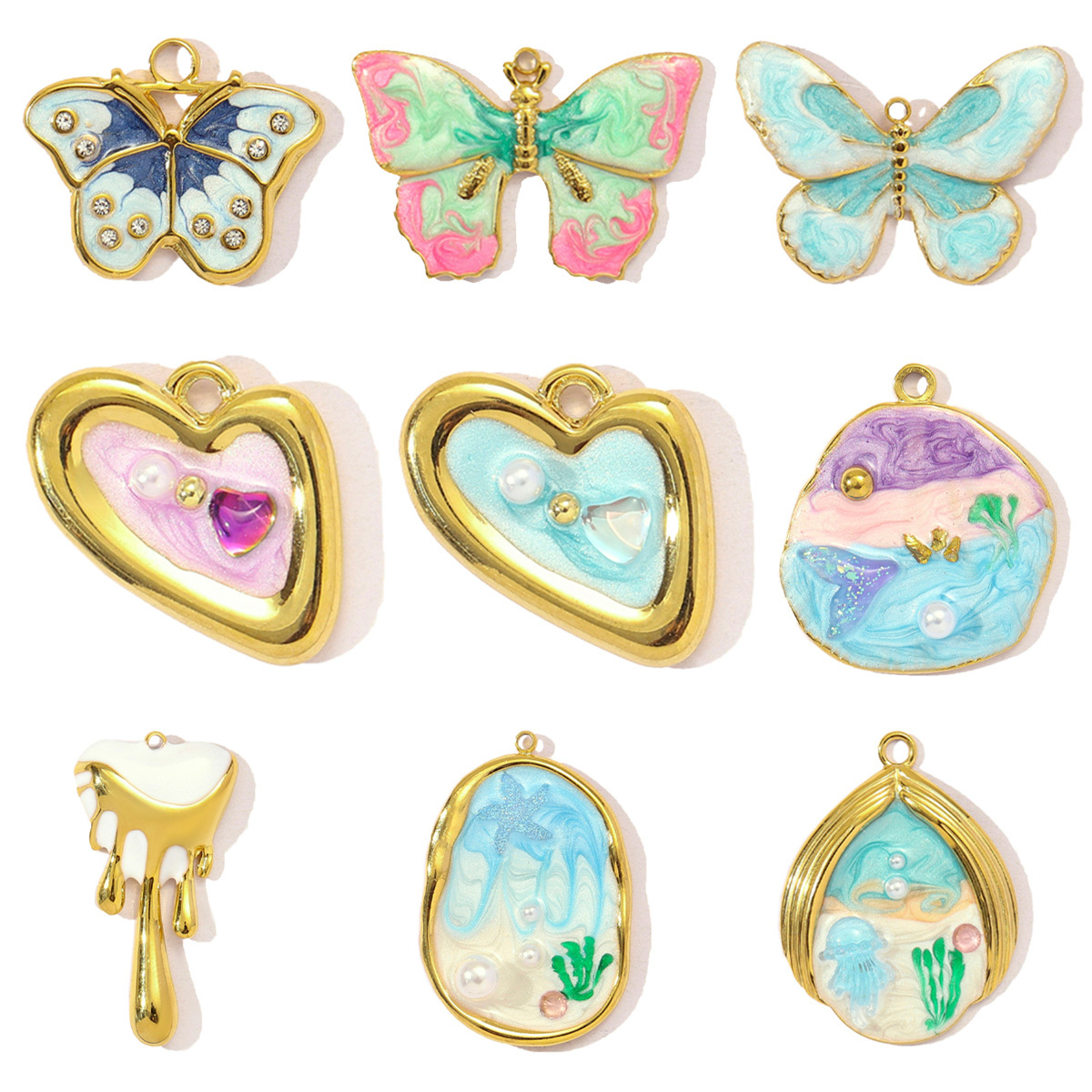 6pcs/pack Stainless Steel Gradient Enamel Love Heart DIY Necklace Pendant Women Jellyfish Pearl Beach Charms Monet Garden Jewelry