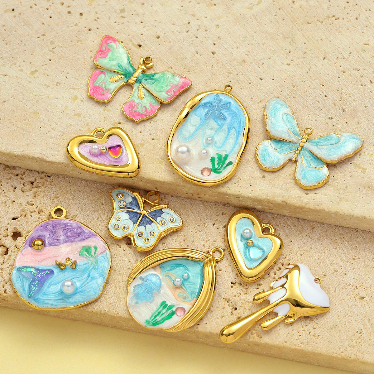 6pcs/pack Stainless Steel Gradient Enamel Love Heart DIY Necklace Pendant Women Jellyfish Pearl Beach Charms Monet Garden Jewelry
