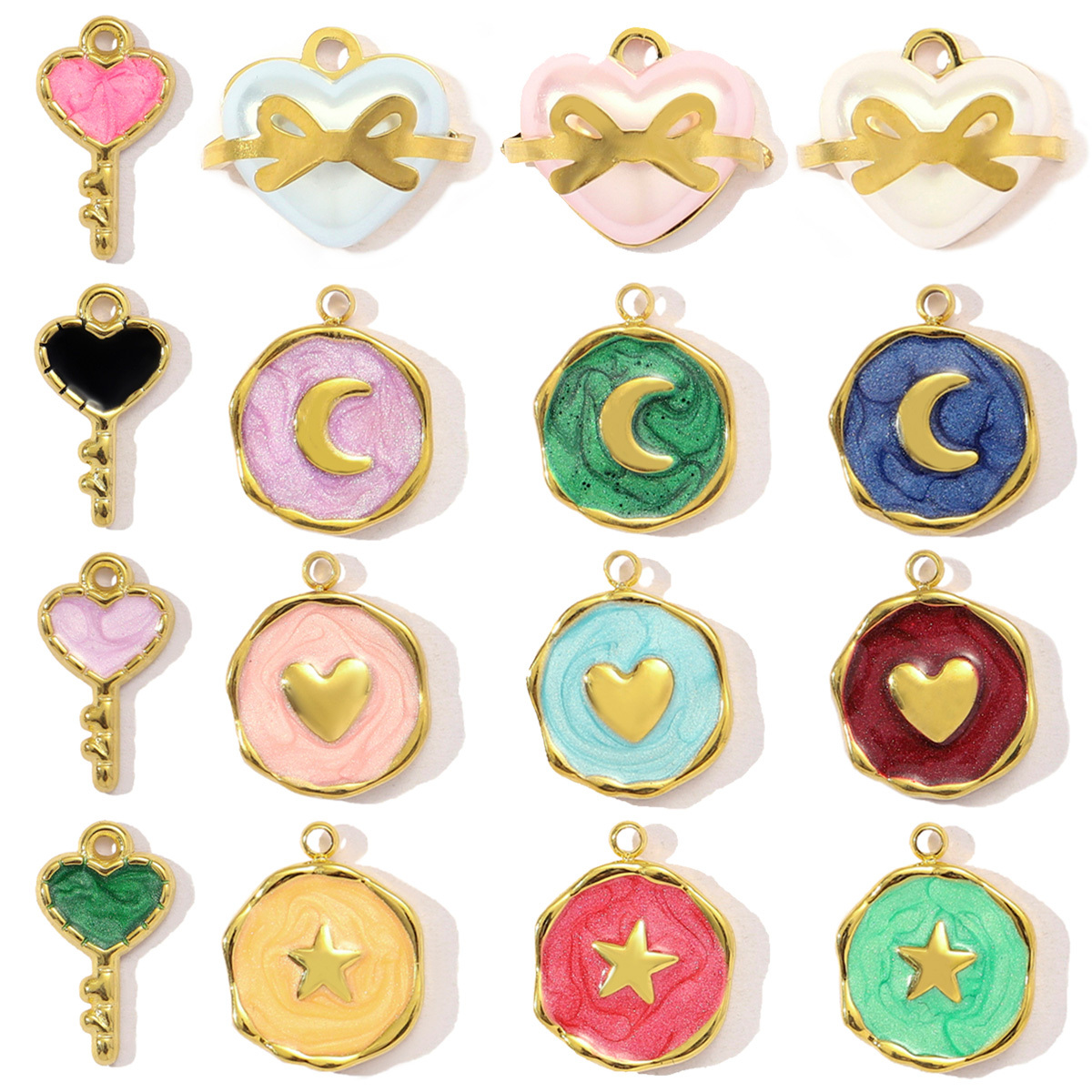 6pcs/pack Stainless Steel Enamel Crescent Moon Star Necklace Pendant Women Butterfly Bowknot Key DIY Charm Love Heart Jewelry