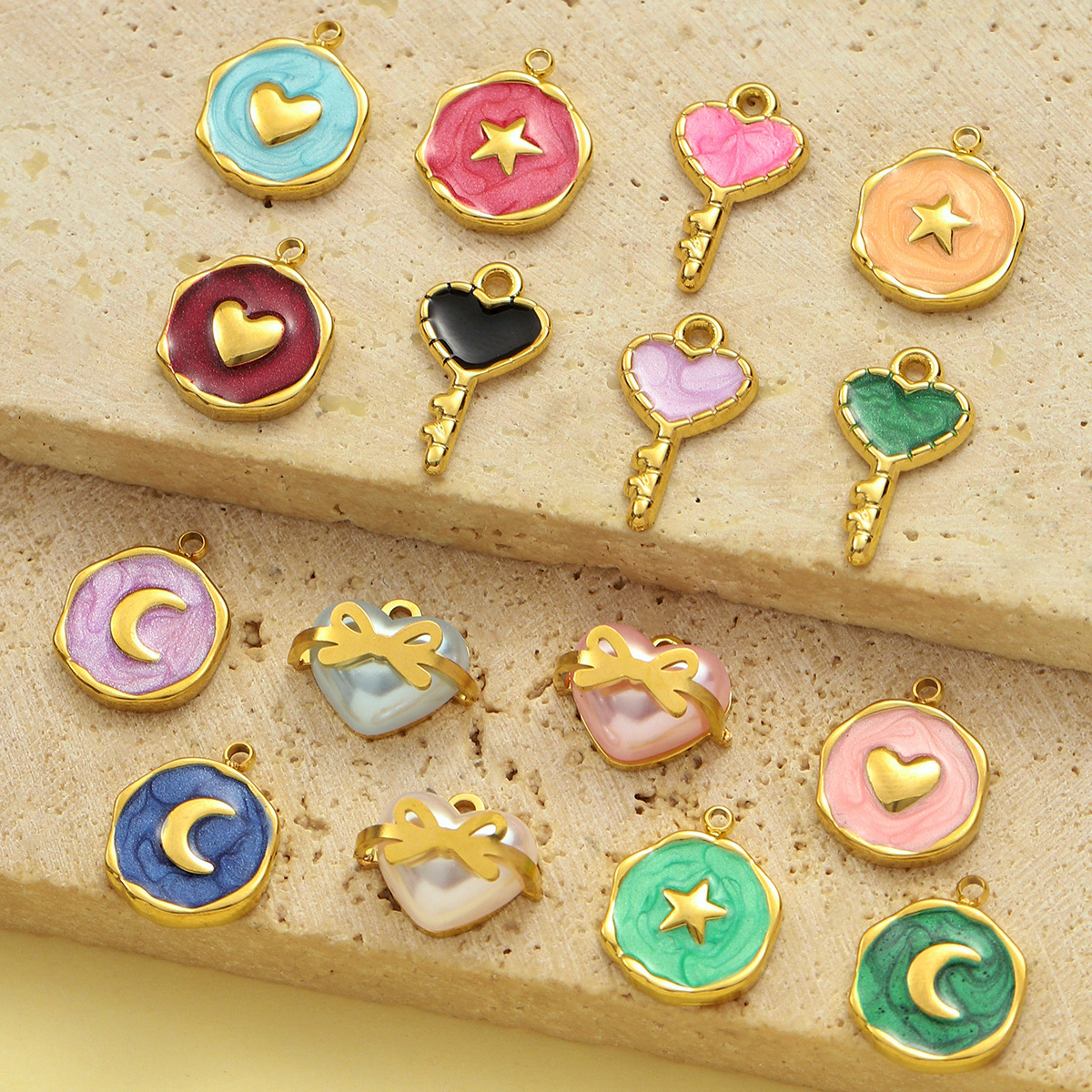 6pcs/pack Stainless Steel Enamel Crescent Moon Star Necklace Pendant Women Butterfly Bowknot Key DIY Charm Love Heart Jewelry