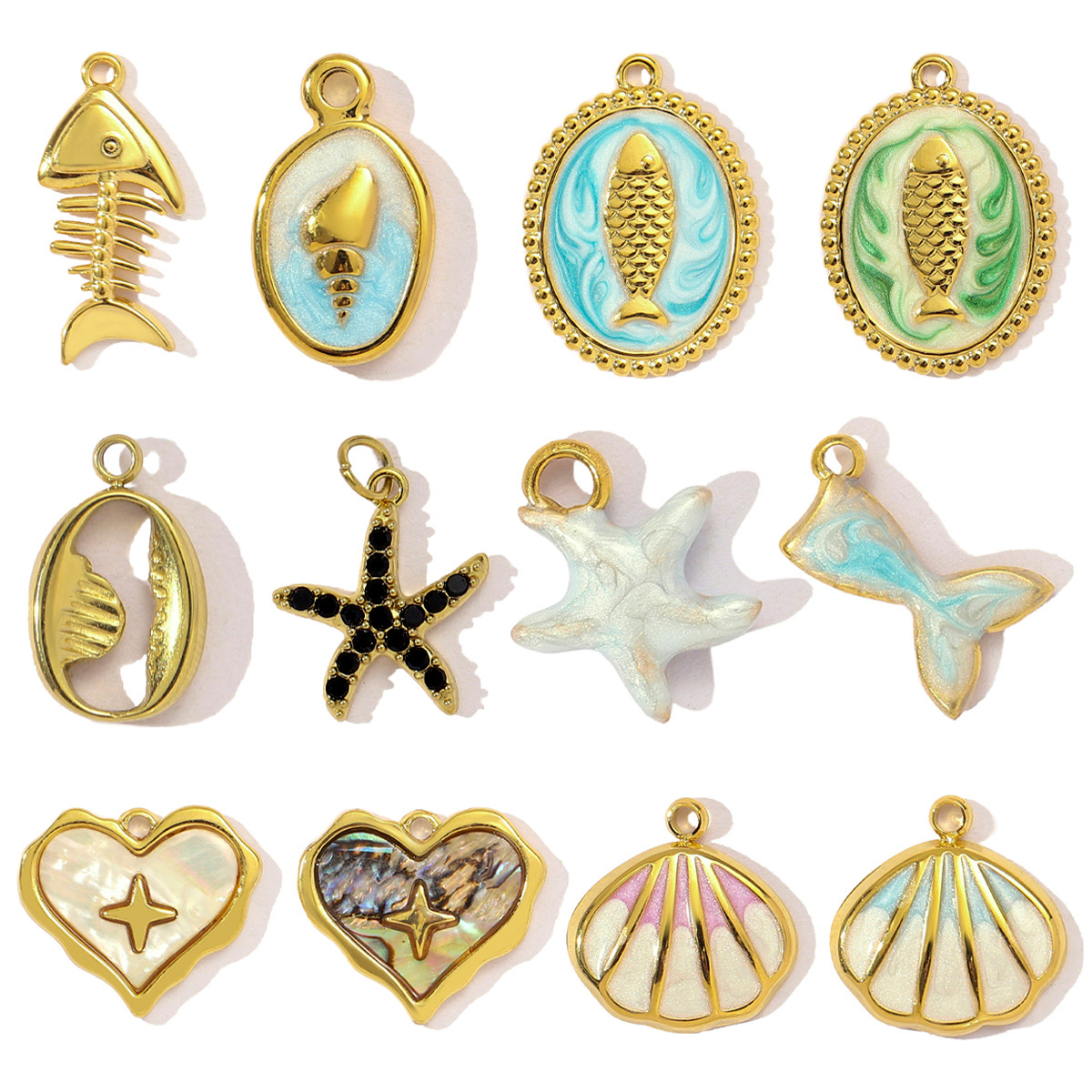 6pcs/pack Stainless Steel Fish Bone Mermaid Tail Bracelet DIY Charms Women Shell Crab Conch Necklace Pendant Heart Love Jewelry