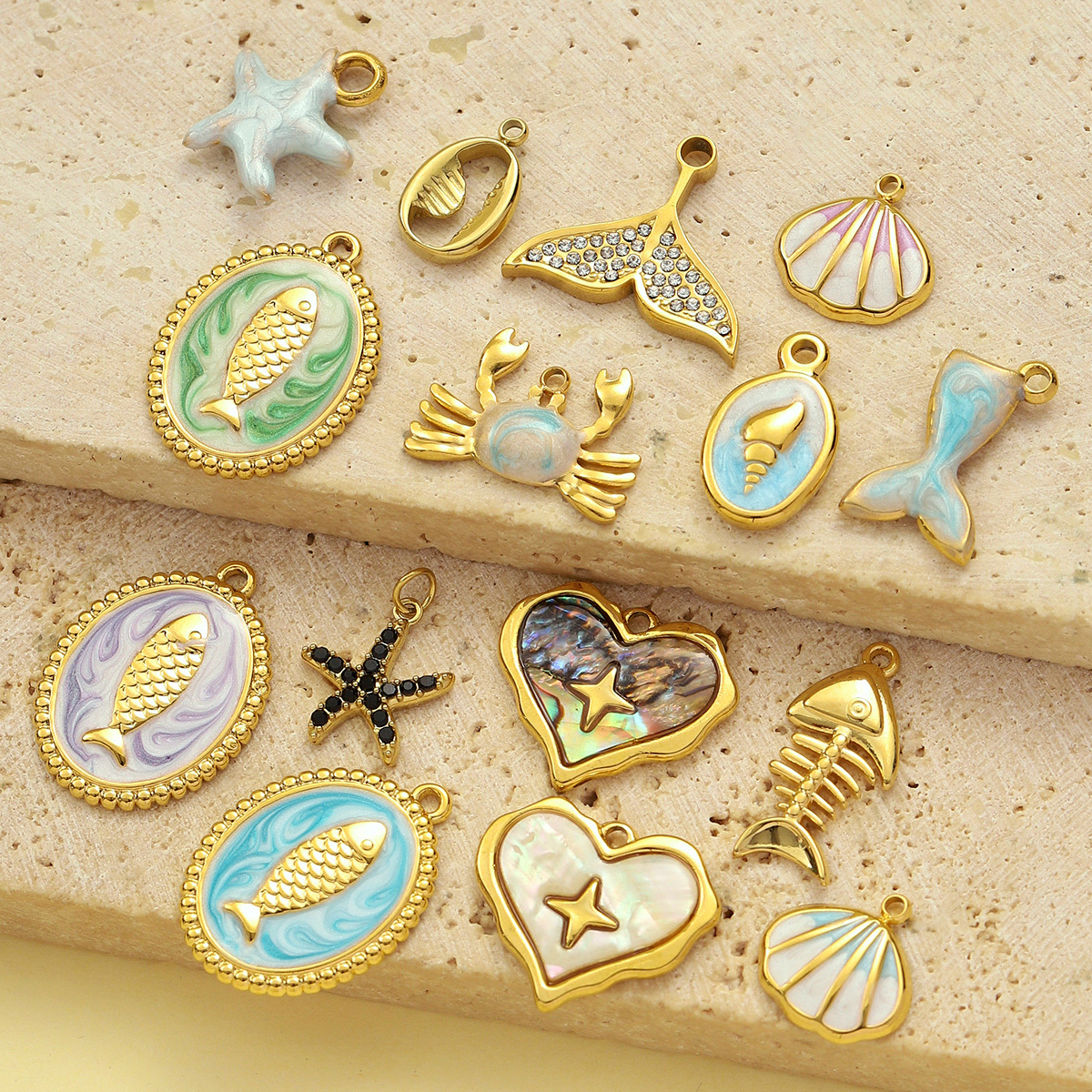 6pcs/pack Stainless Steel Fish Bone Mermaid Tail Bracelet DIY Charms Women Shell Crab Conch Necklace Pendant Heart Love Jewelry